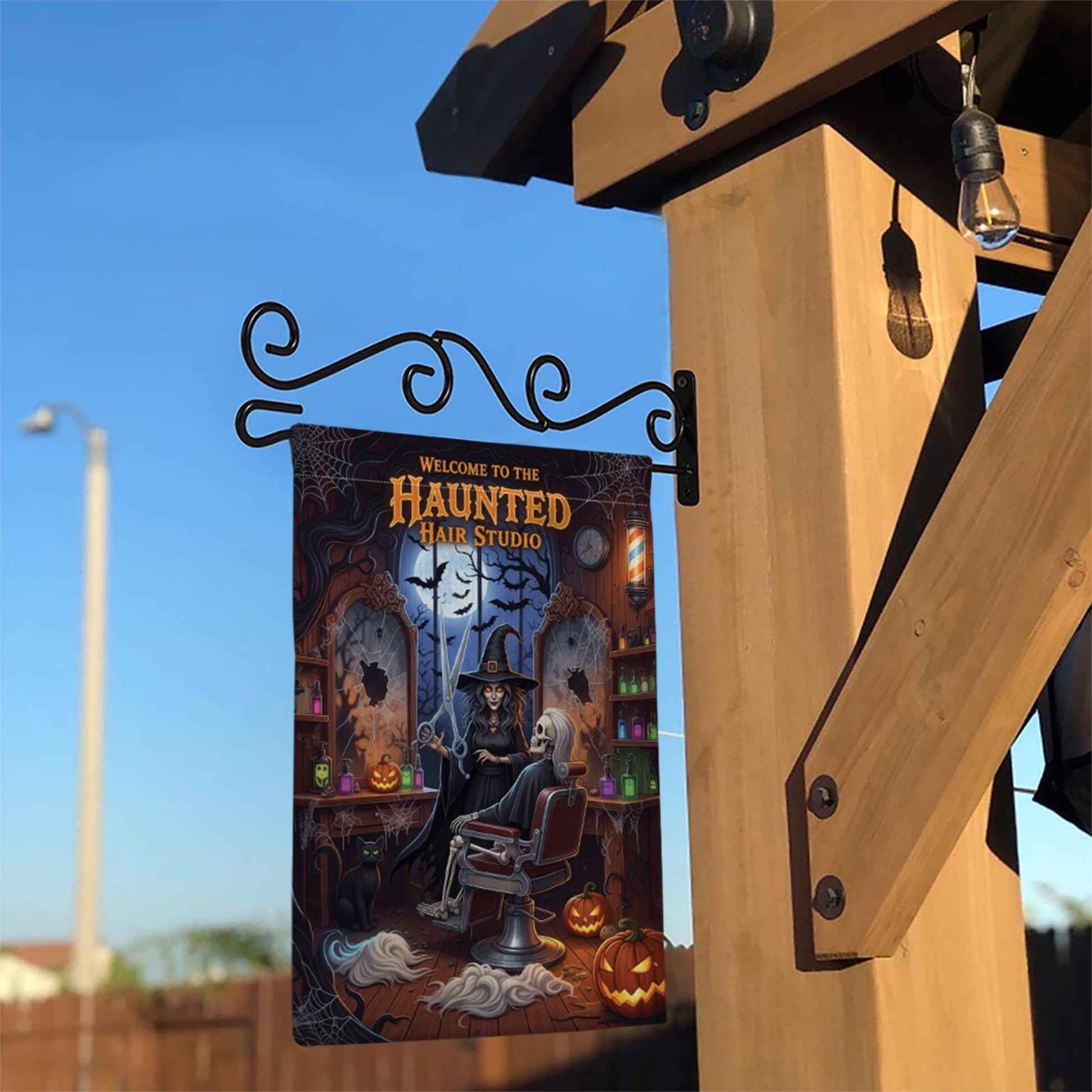 Haunted Hair Studio Garden Flag, Funny Halloween Witch Skeleton Barber Shop Yard Decor, Spooky Salon Outdoor Sign, Fall Lawn Decoration