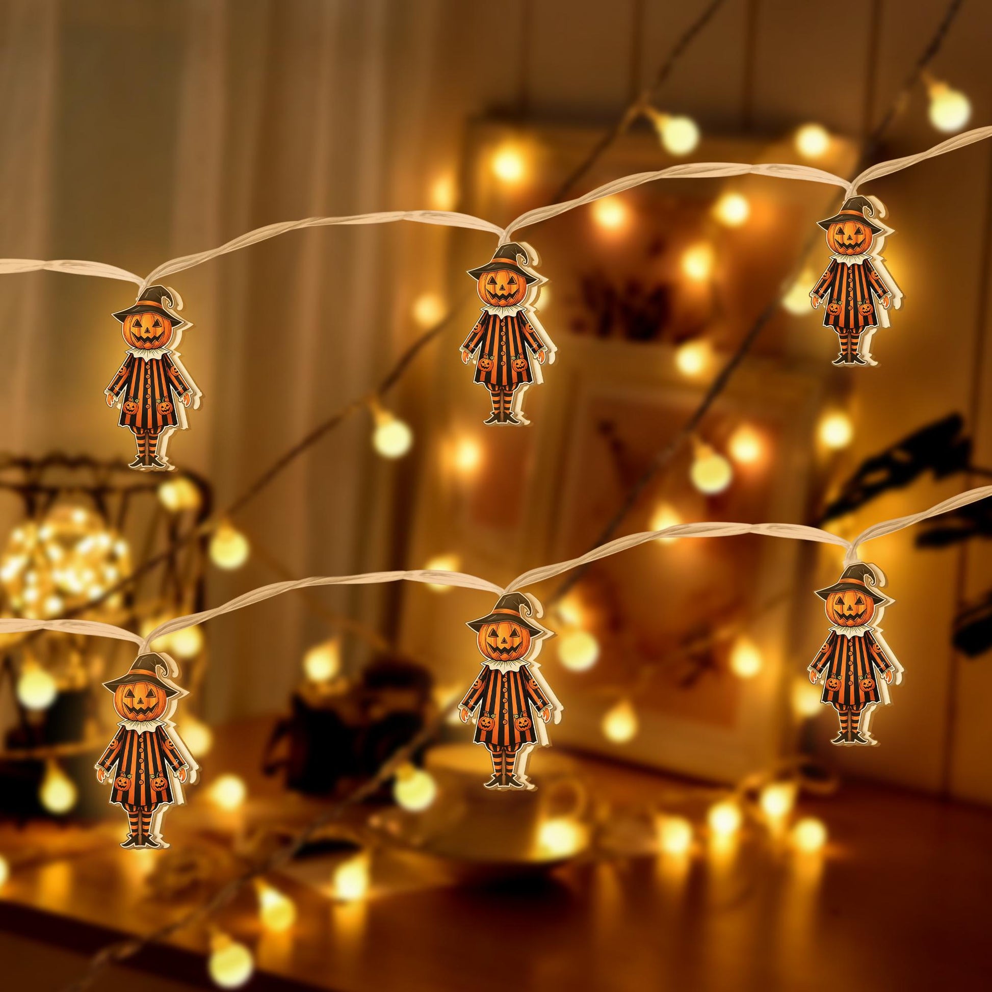 Halloween Pumpkin String Lights – Jack-O’-Lantern Scarecrow Garland – Indoor Fall Decor – Spooky LED Lights for Home or Party