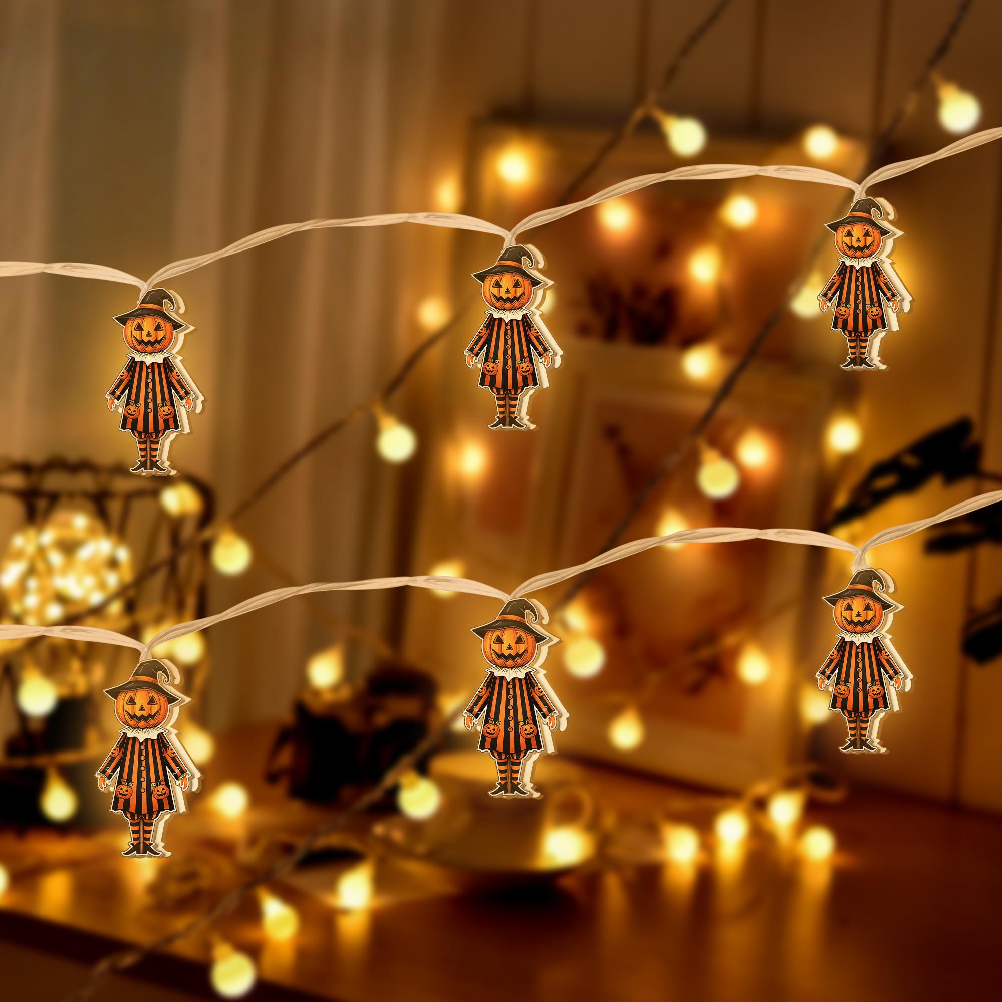 Halloween Pumpkin String Lights – Jack-O’-Lantern Scarecrow Garland – Indoor Fall Decor – Spooky LED Lights for Home or Party