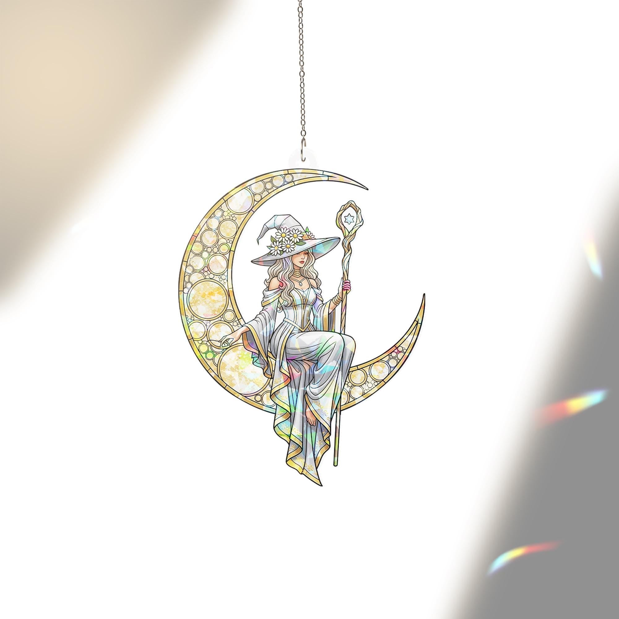 Moon Witch Stained Glass Suncatcher, Hanging Window Crystal Prism, Crescent Witch Sun Catcher Decor, Boho Mystic Window Art Gift