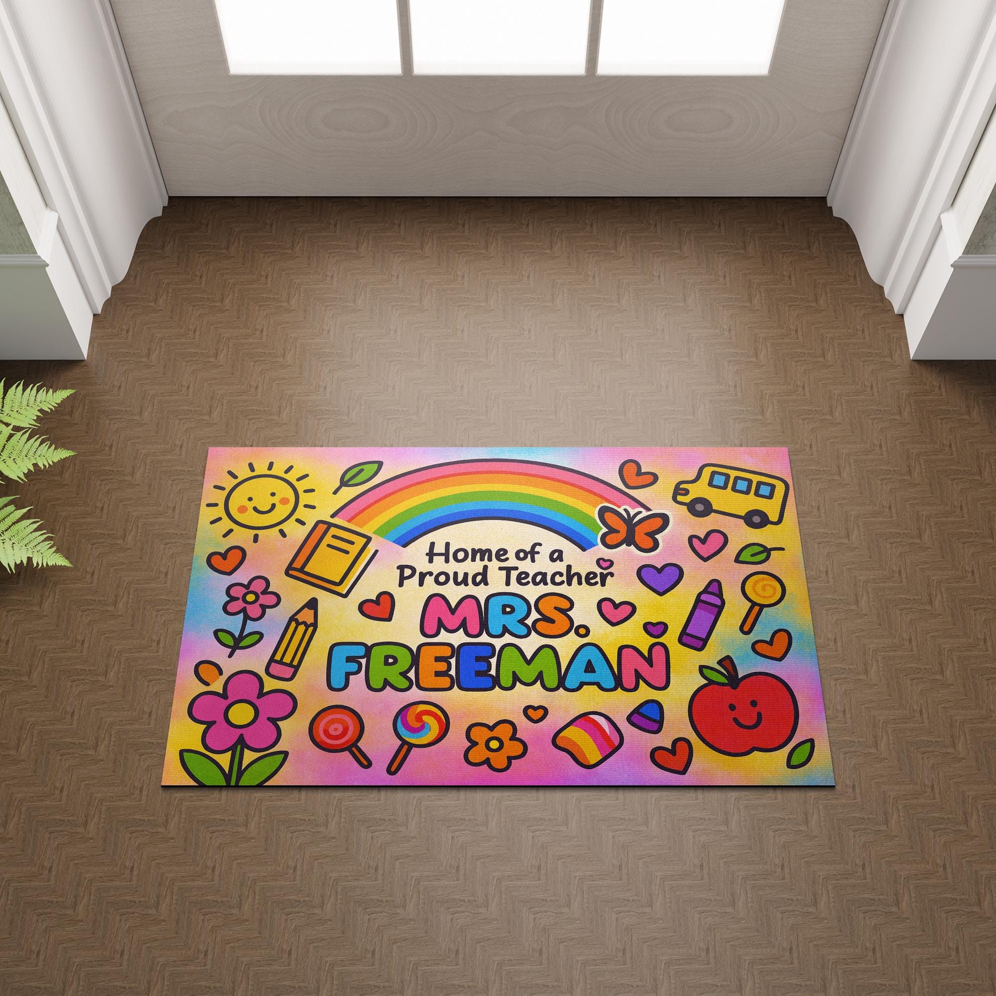 Personalized Teacher Doormat - Home of a Proud Teacher Rainbow Mat, Custom Welcome Mat for Classroom or School Gift, Back To School Decor
