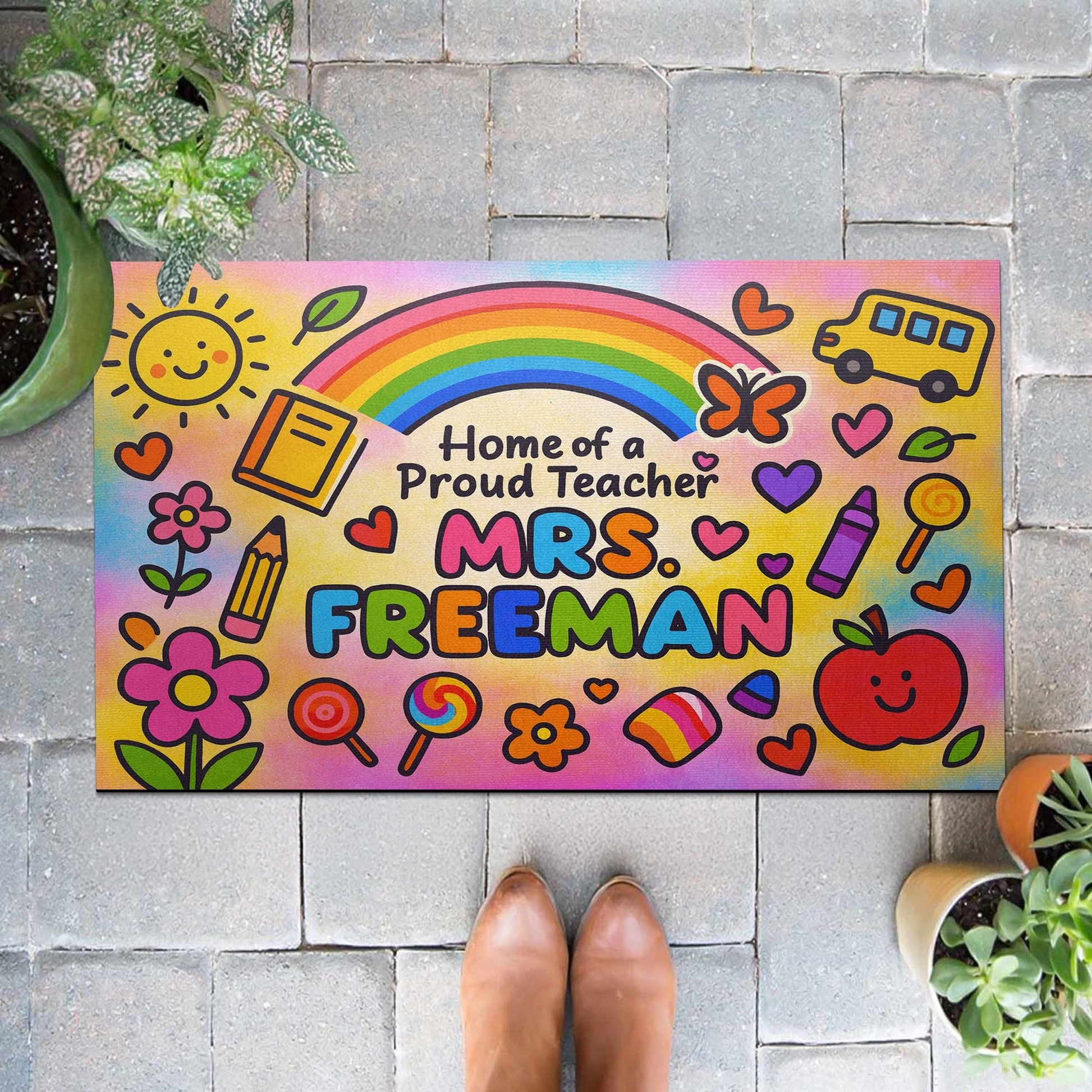 Personalized Teacher Doormat - Home of a Proud Teacher Rainbow Mat, Custom Welcome Mat for Classroom or School Gift, Back To School Decor