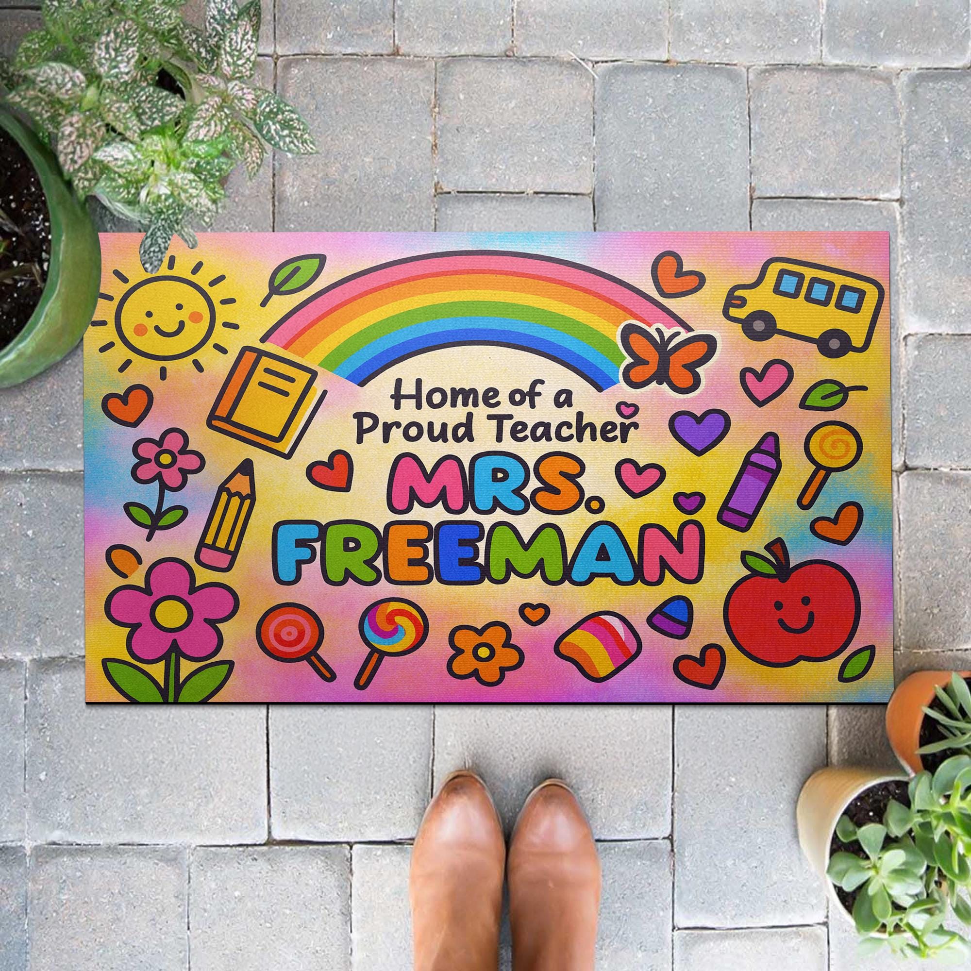 Personalized Teacher Doormat - Home of a Proud Teacher Rainbow Mat, Custom Welcome Mat for Classroom or School Gift, Back To School Decor