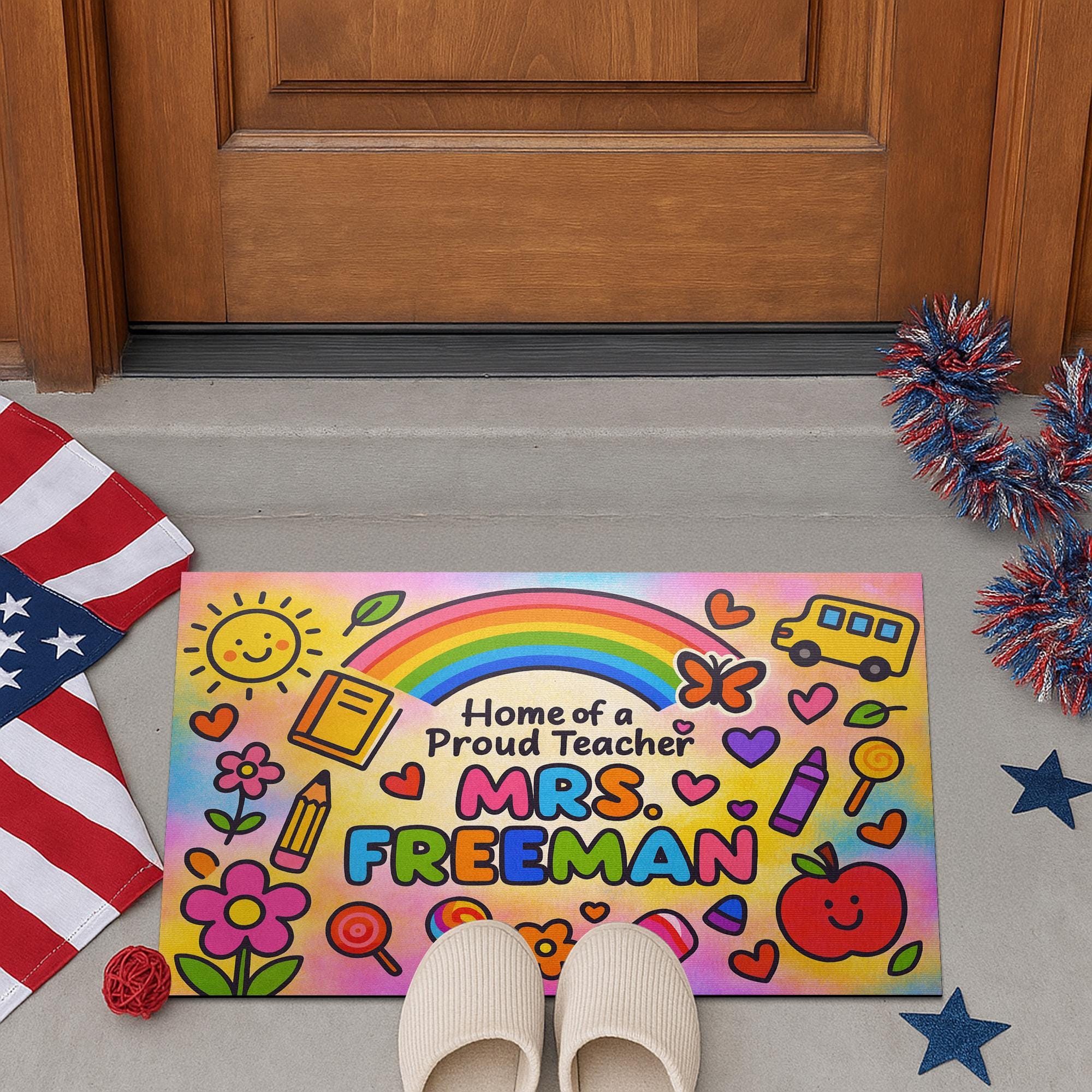 Personalized Teacher Doormat - Home of a Proud Teacher Rainbow Mat, Custom Welcome Mat for Classroom or School Gift, Back To School Decor