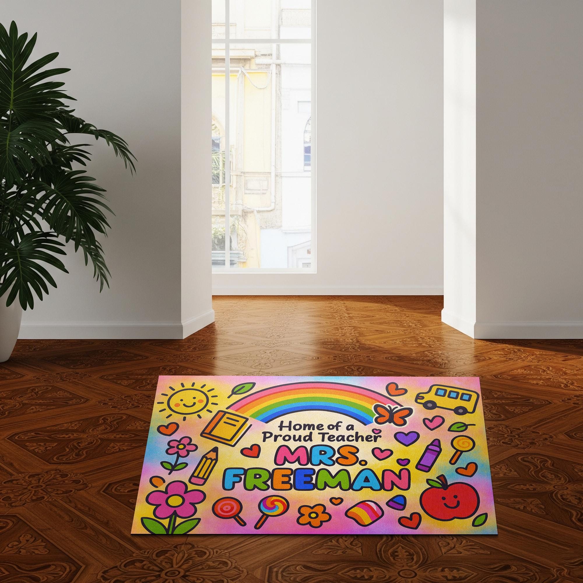 Personalized Teacher Doormat - Home of a Proud Teacher Rainbow Mat, Custom Welcome Mat for Classroom or School Gift, Back To School Decor