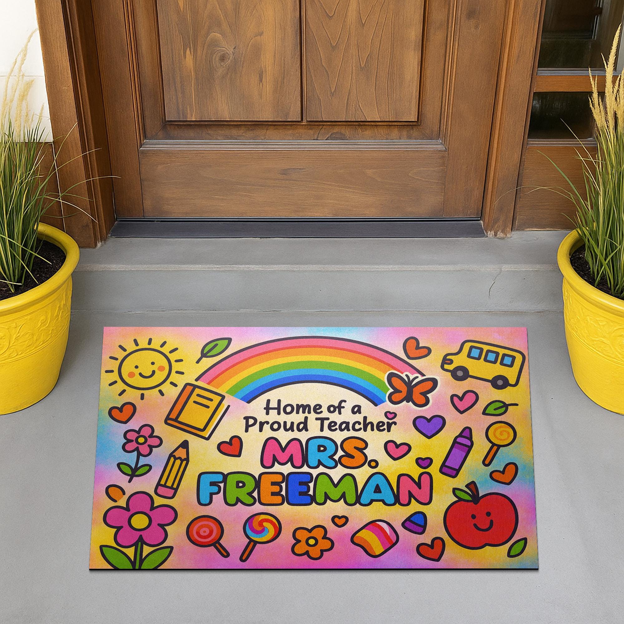 Personalized Teacher Doormat - Home of a Proud Teacher Rainbow Mat, Custom Welcome Mat for Classroom or School Gift, Back To School Decor