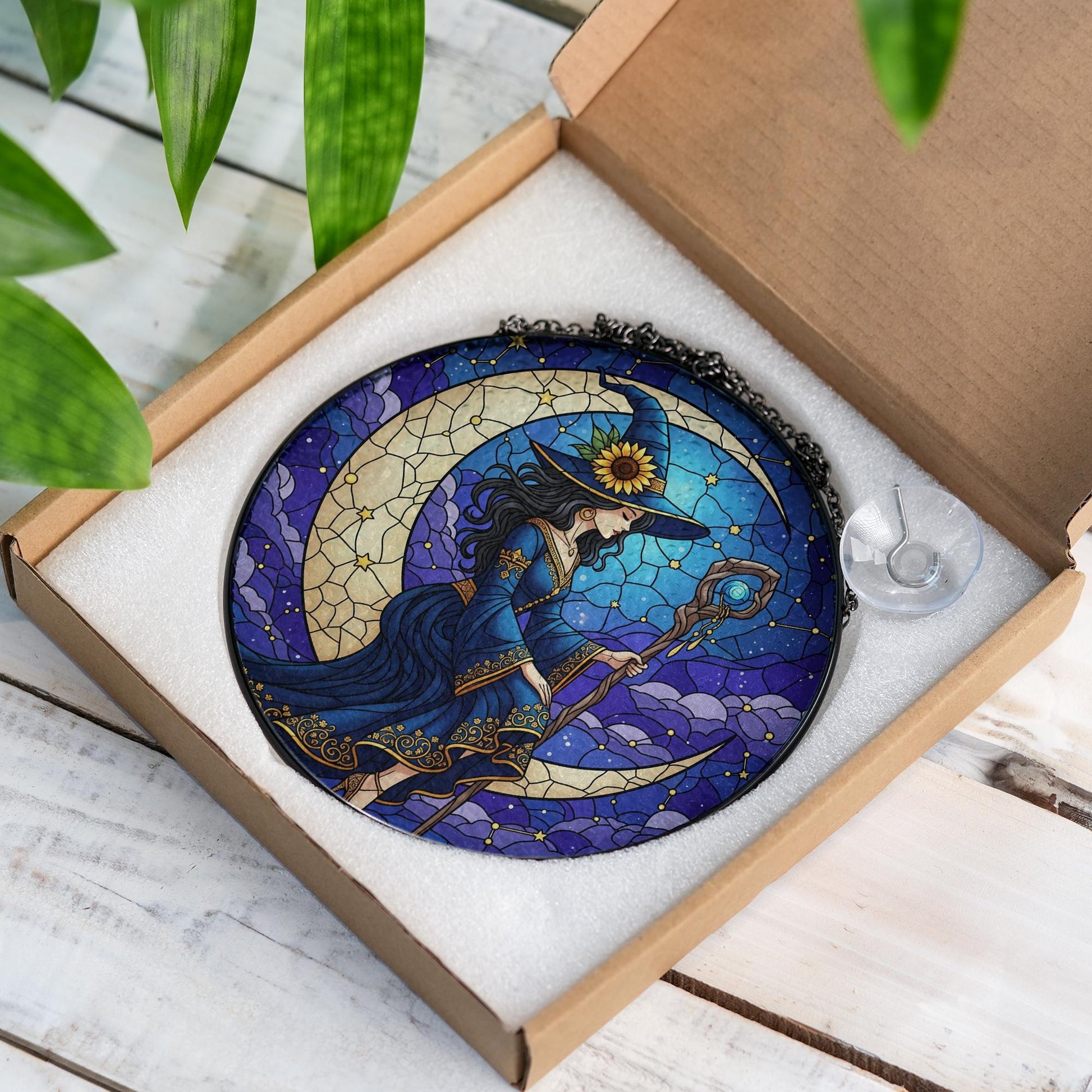 Witch Stained Glass Suncatcher, Crescent Moon Window Hanging Decor, Mystical Boho Witch Sun Catcher, Gothic Wiccan Home Gift