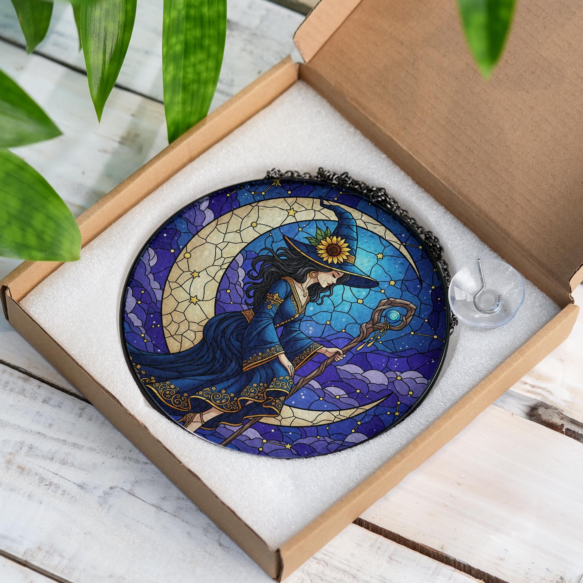 Witch Stained Glass Suncatcher, Crescent Moon Window Hanging Decor, Mystical Boho Witch Sun Catcher, Gothic Wiccan Home Gift