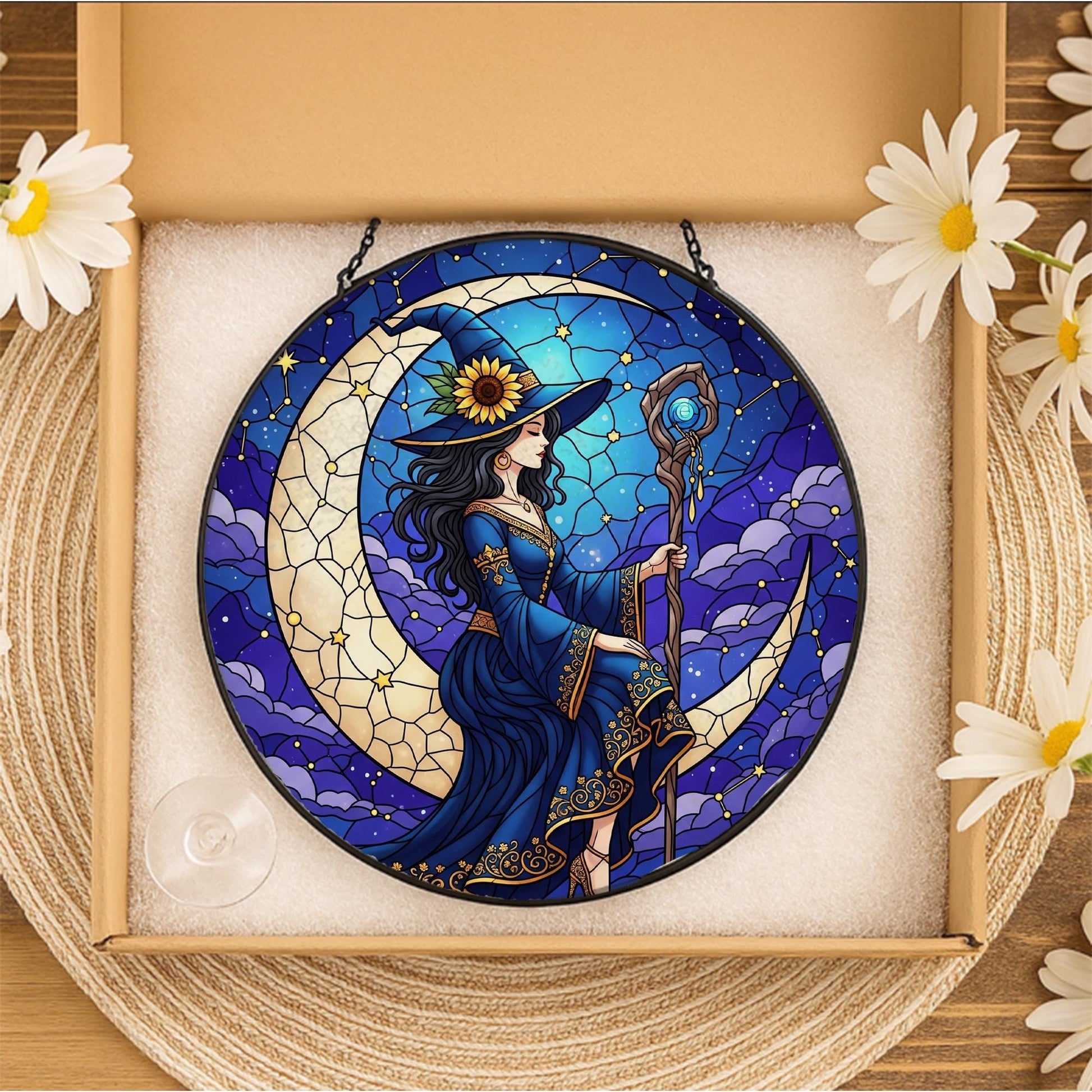 Witch Stained Glass Suncatcher, Crescent Moon Window Hanging Decor, Mystical Boho Witch Sun Catcher, Gothic Wiccan Home Gift