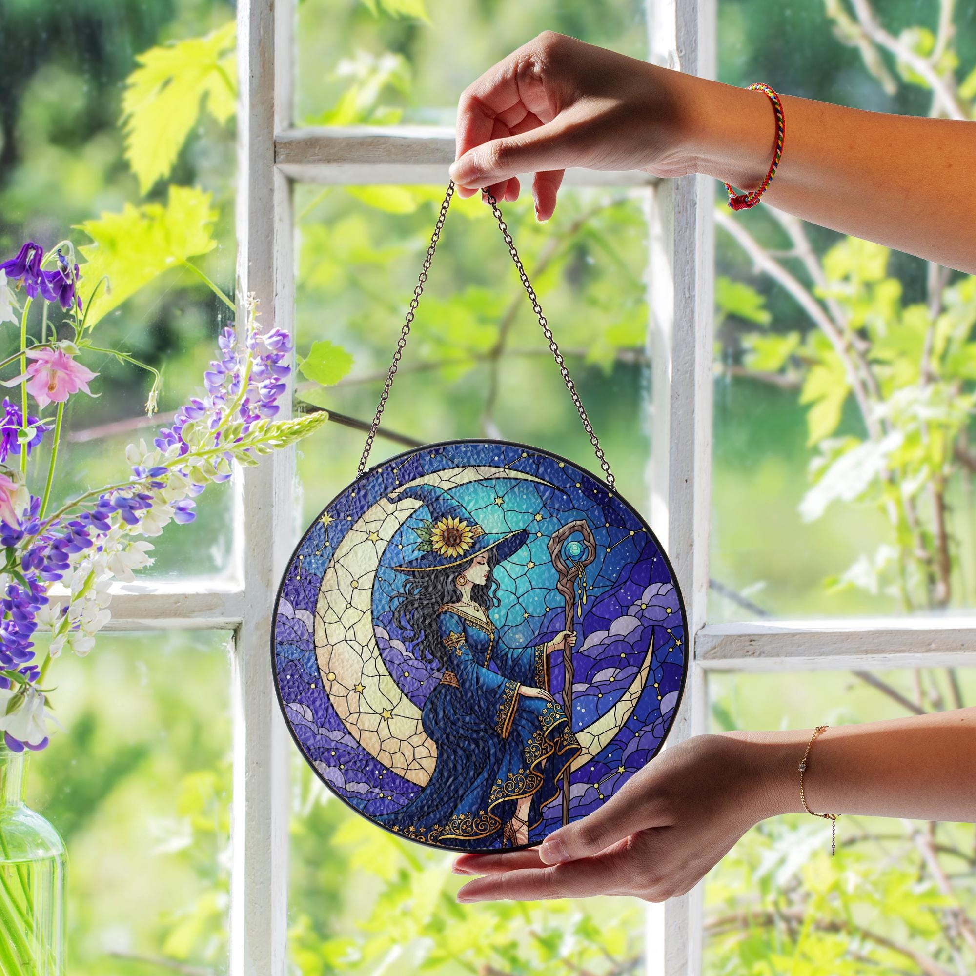 Witch Stained Glass Suncatcher, Crescent Moon Window Hanging Decor, Mystical Boho Witch Sun Catcher, Gothic Wiccan Home Gift