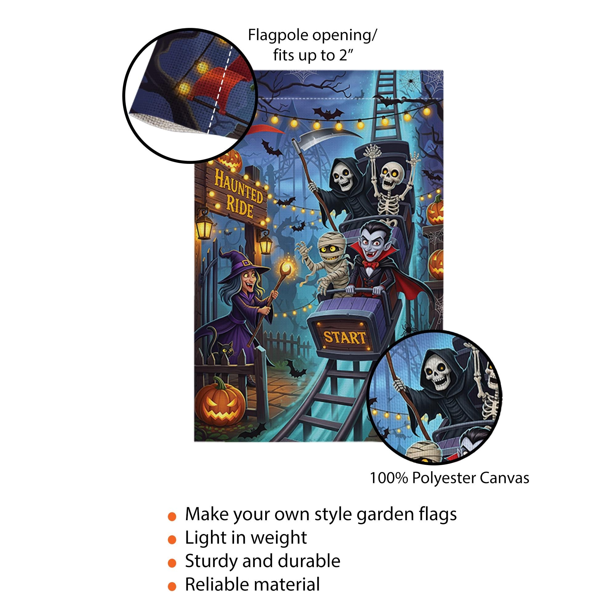 Haunted Ride Halloween Garden Flag, Spooky Roller Coaster Witch Vampire Skeleton Mummy Yard Decor, Funny Outdoor Fall Decoration