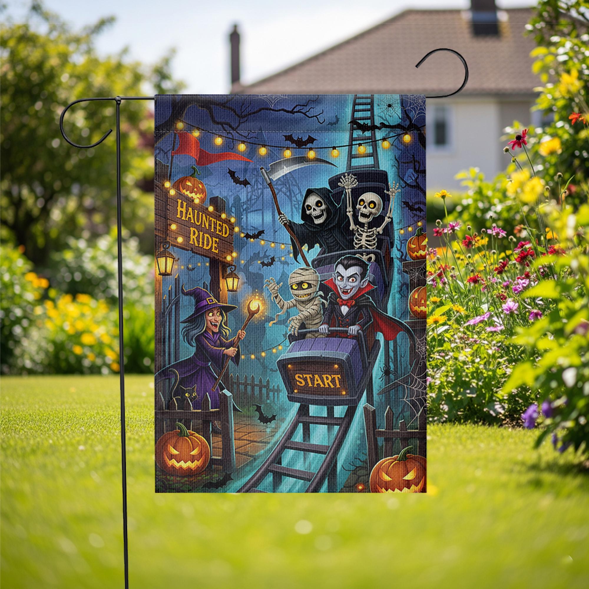 Haunted Ride Halloween Garden Flag, Spooky Roller Coaster Witch Vampire Skeleton Mummy Yard Decor, Funny Outdoor Fall Decoration