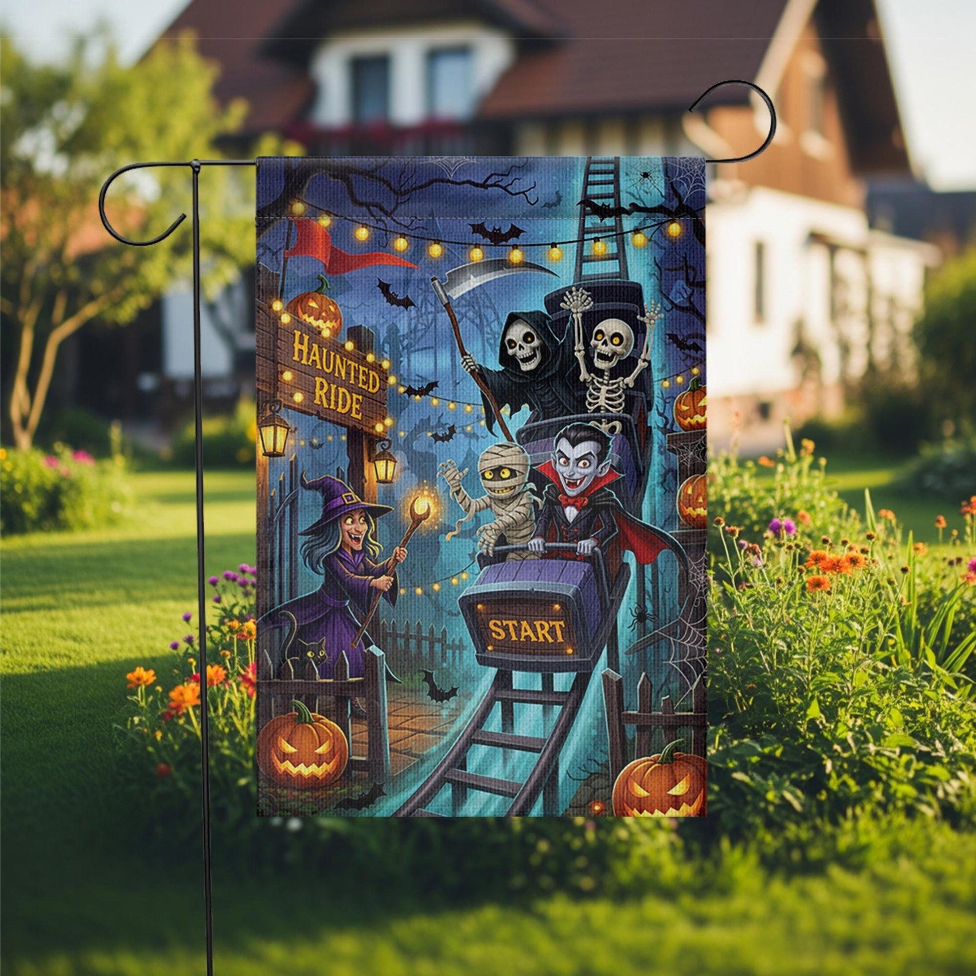 Haunted Ride Halloween Garden Flag, Spooky Roller Coaster Witch Vampire Skeleton Mummy Yard Decor, Funny Outdoor Fall Decoration