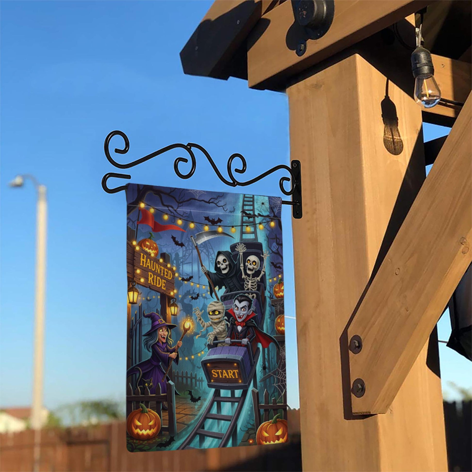 Haunted Ride Halloween Garden Flag, Spooky Roller Coaster Witch Vampire Skeleton Mummy Yard Decor, Funny Outdoor Fall Decoration