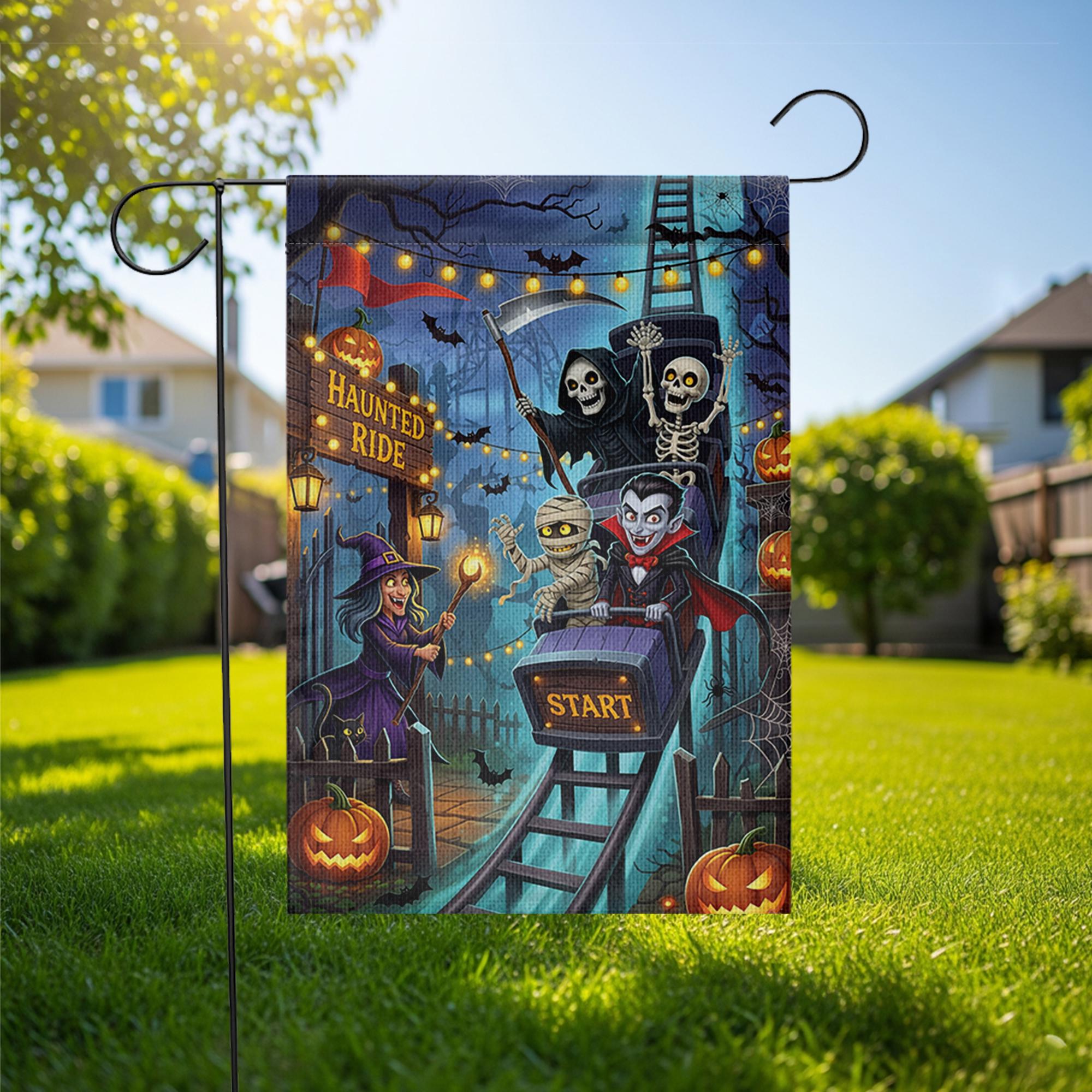 Haunted Ride Halloween Garden Flag, Spooky Roller Coaster Witch Vampire Skeleton Mummy Yard Decor, Funny Outdoor Fall Decoration