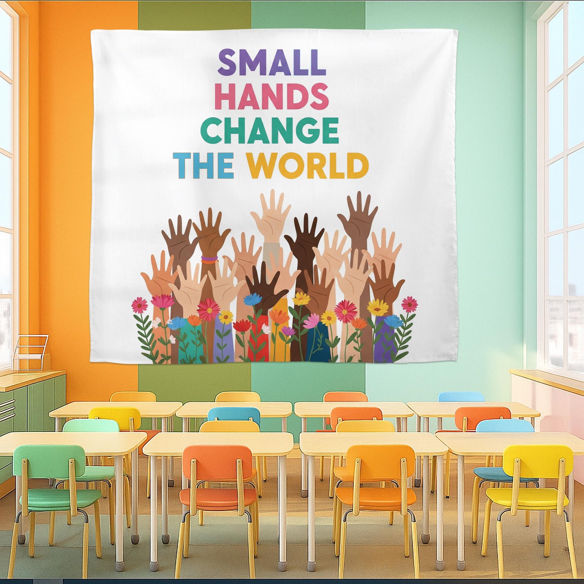 Small Hands Change the World Banner - Diverse Hands Classroom Wall Art, Inclusive Teacher Decor for Preschool & Elementary, Back To School