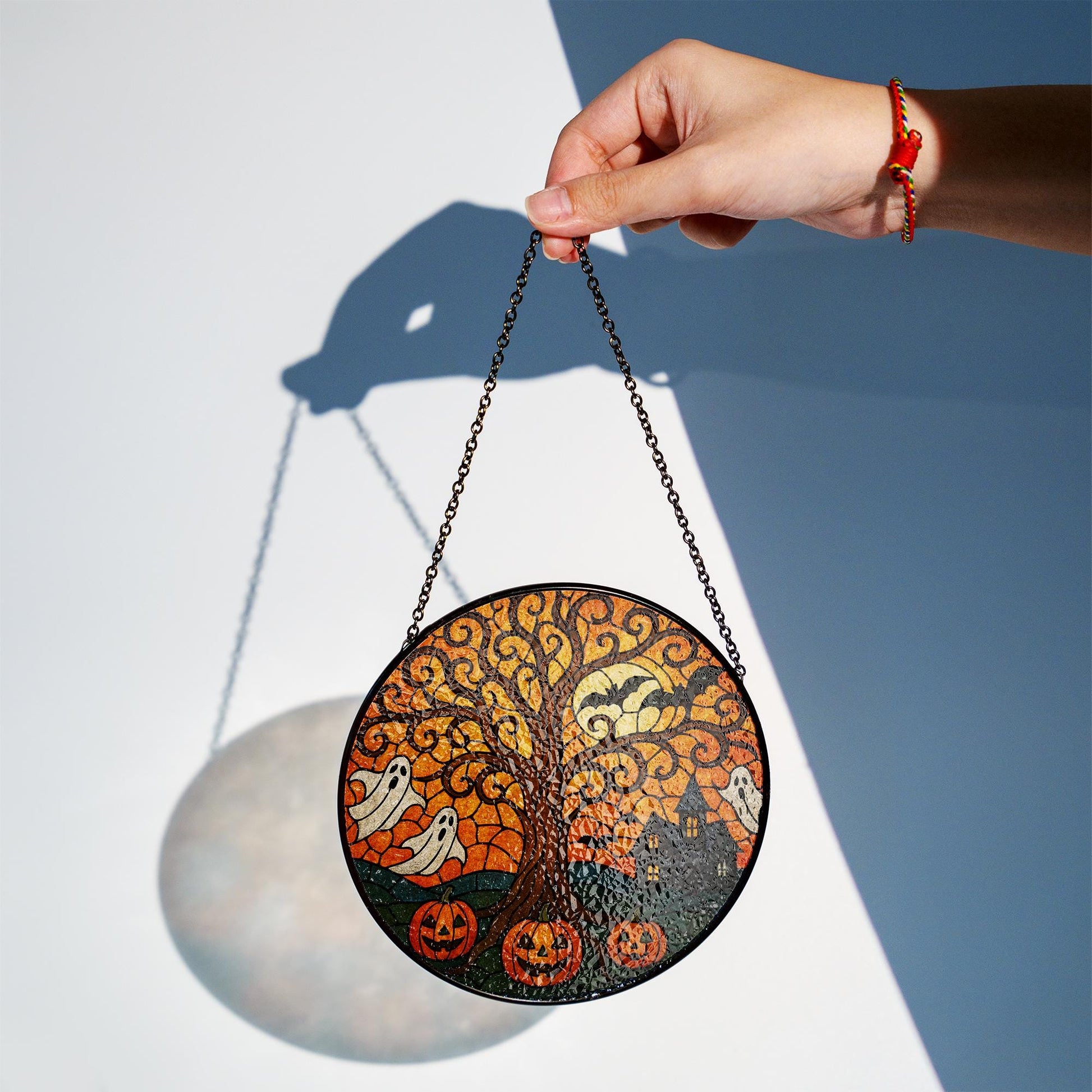 Halloween Tree of Life Suncatcher – Glass Ghost & Pumpkin Window Decor – Spooky Autumn Gift – Haunted House Sun Catcher