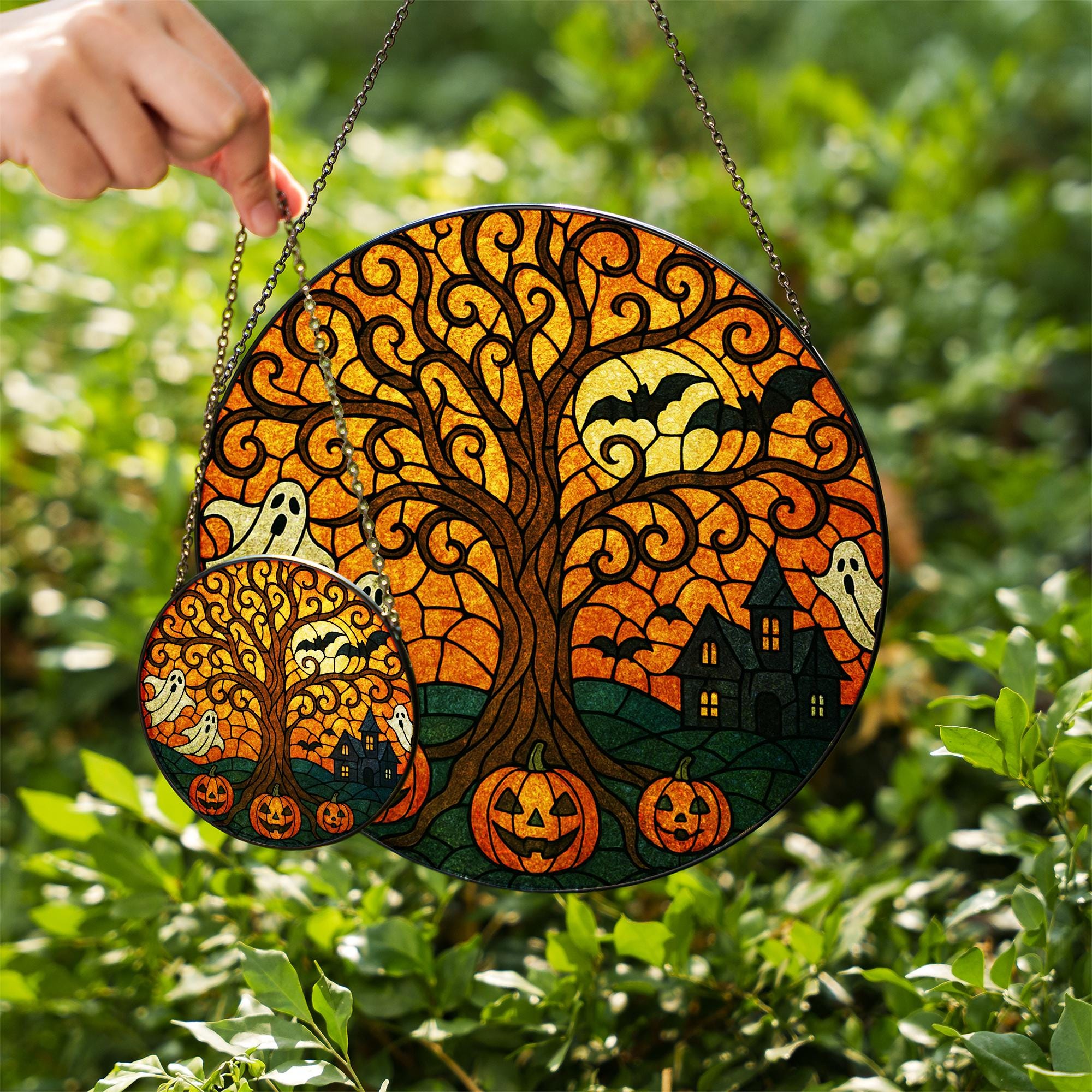 Halloween Tree of Life Suncatcher – Glass Ghost & Pumpkin Window Decor – Spooky Autumn Gift – Haunted House Sun Catcher