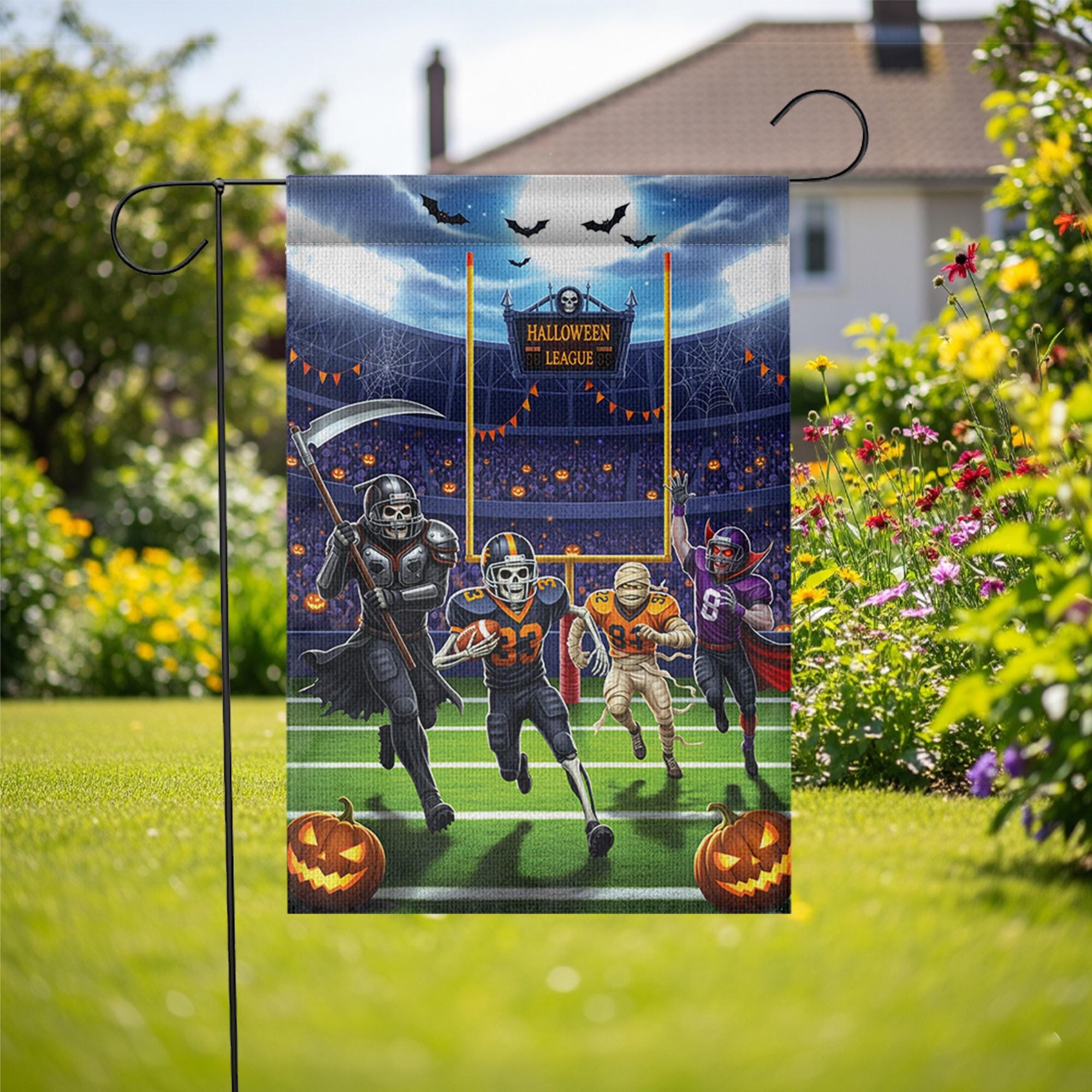 Halloween Football Garden Flag, Funny Spooky League Yard Decor with Skeleton Vampire Mummy Players, Fall Outdoor Sports Decoration