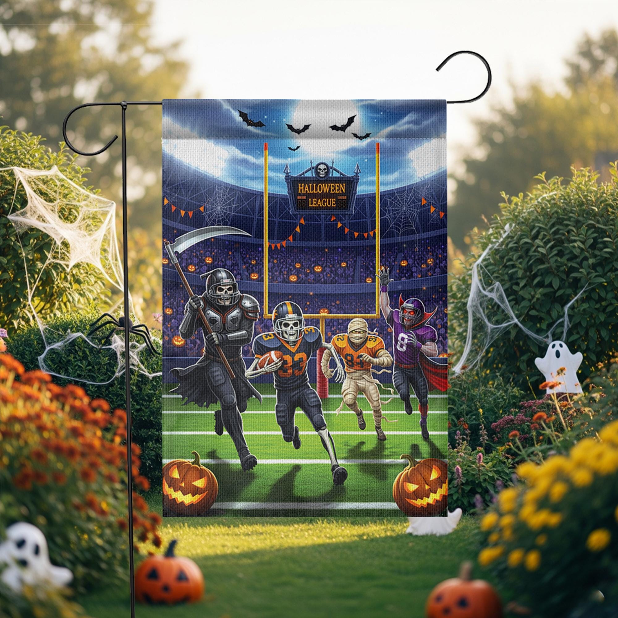 Halloween Football Garden Flag, Funny Spooky League Yard Decor with Skeleton Vampire Mummy Players, Fall Outdoor Sports Decoration