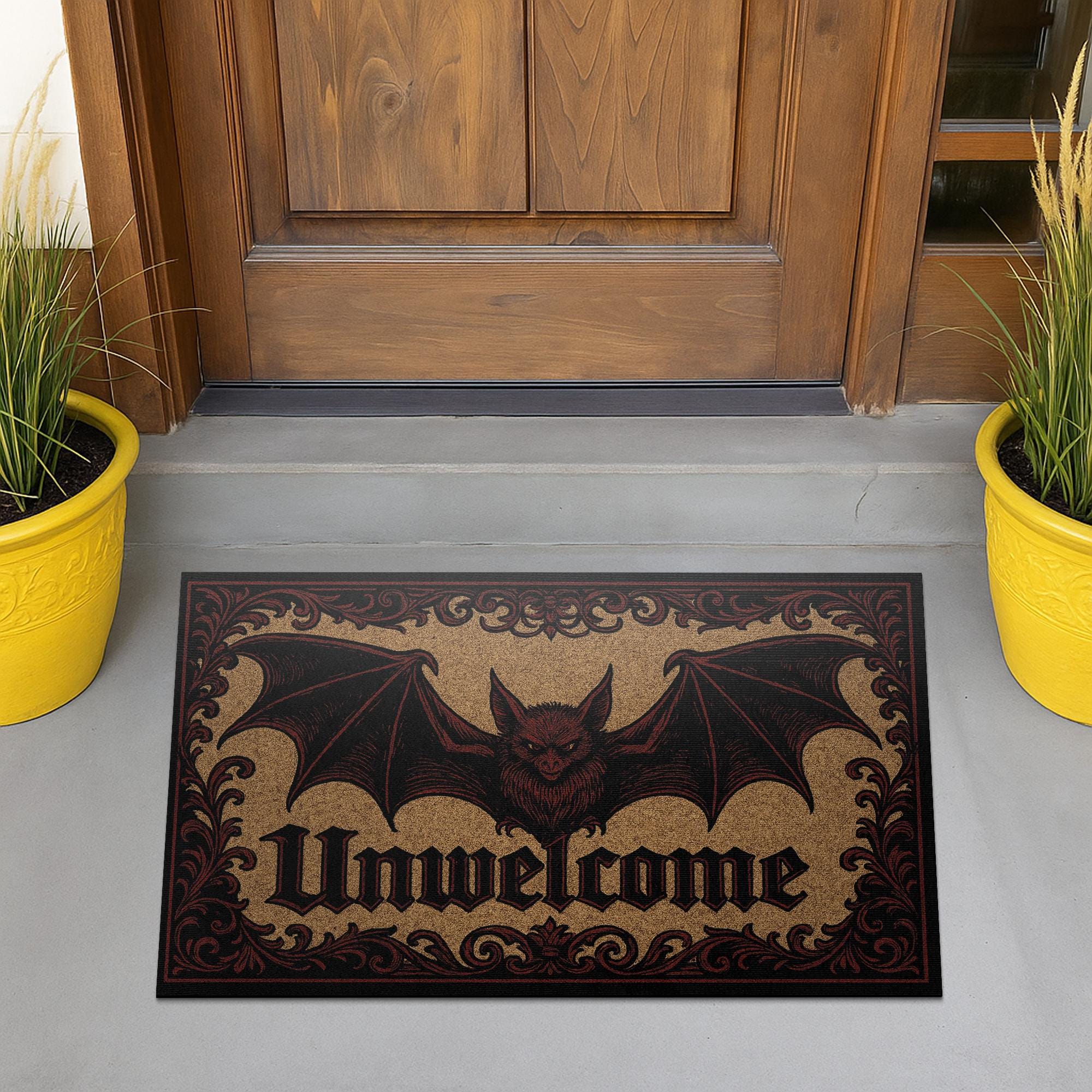 Gothic Unwelcome Doormat – Bat Front Door Mat – Dark Aesthetic Welcome Rug – Spooky Halloween Porch Decor for Horror Fans