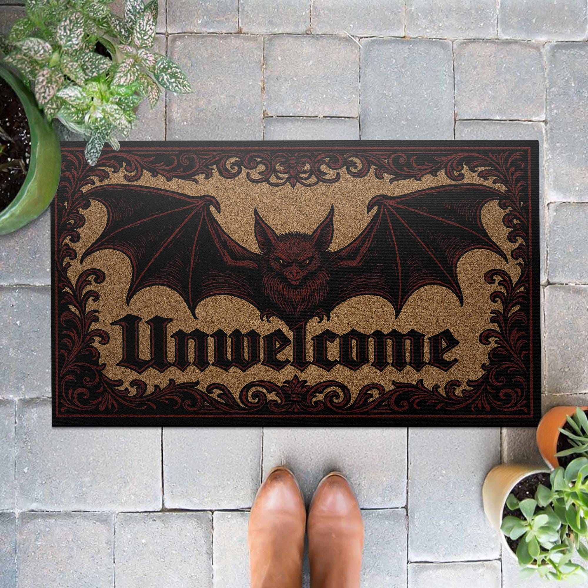 Gothic Unwelcome Doormat – Bat Front Door Mat – Dark Aesthetic Welcome Rug – Spooky Halloween Porch Decor for Horror Fans