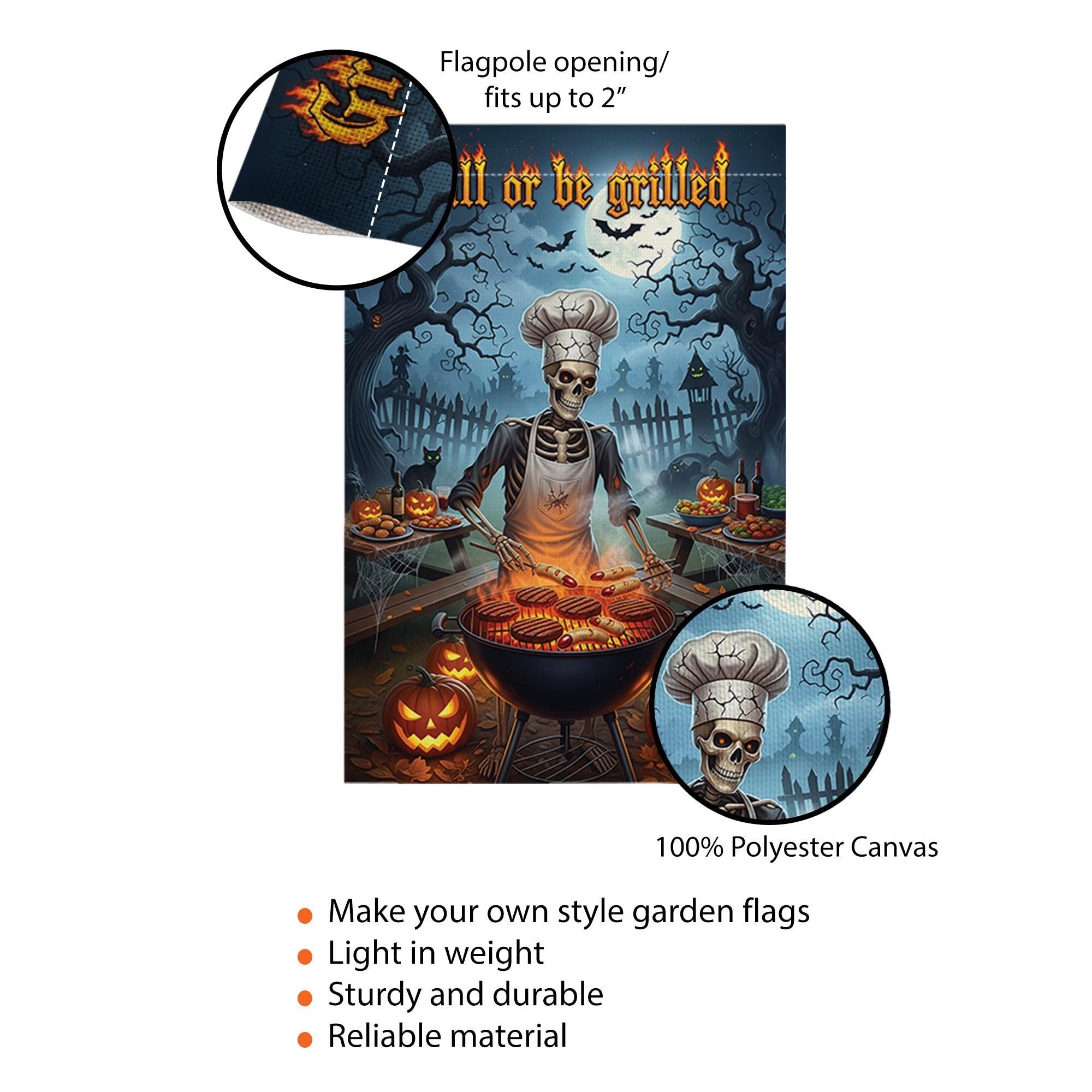 Grill or Be Grilled Halloween Garden Flag, Funny Skeleton BBQ Chef Yard Decor, Spooky Fall Outdoor Cooking Decoration, Pumpkin Lawn Sign