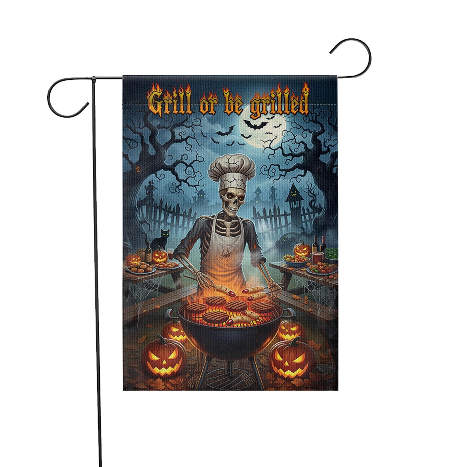Grill or Be Grilled Halloween Garden Flag, Funny Skeleton BBQ Chef Yard Decor, Spooky Fall Outdoor Cooking Decoration, Pumpkin Lawn Sign