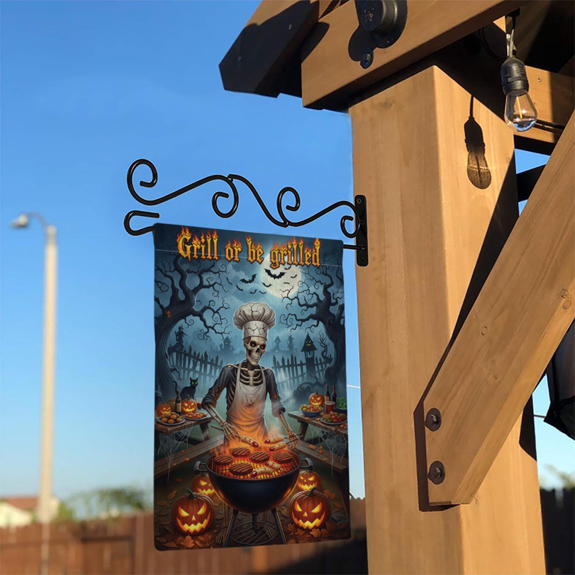 Grill or Be Grilled Halloween Garden Flag, Funny Skeleton BBQ Chef Yard Decor, Spooky Fall Outdoor Cooking Decoration, Pumpkin Lawn Sign