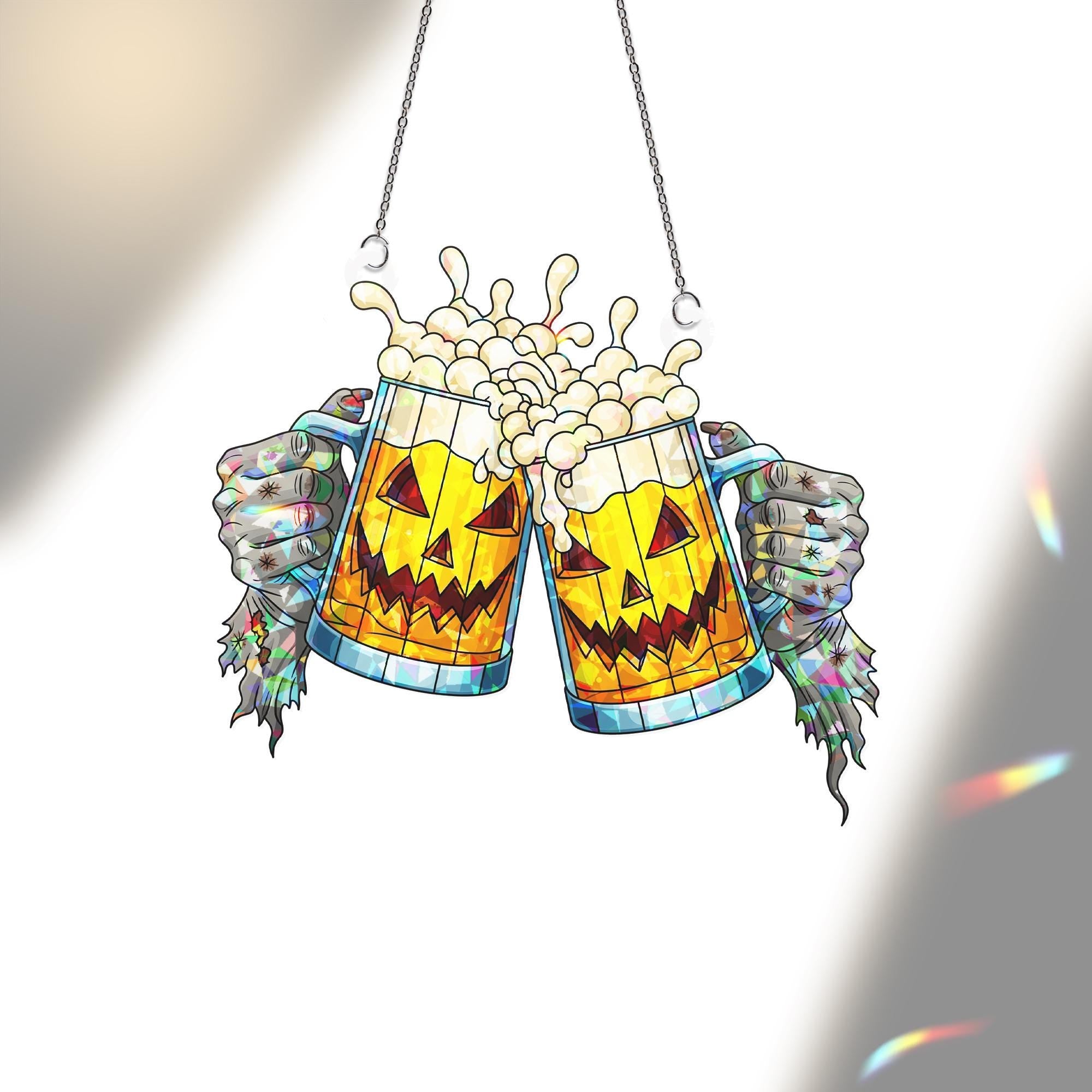 Halloween Stained Glass Beer Mug Suncatcher, Zombie Hands Cheers Sign, Pumpkin Jack O Lantern Bar Decor, Gothic Window Hanging