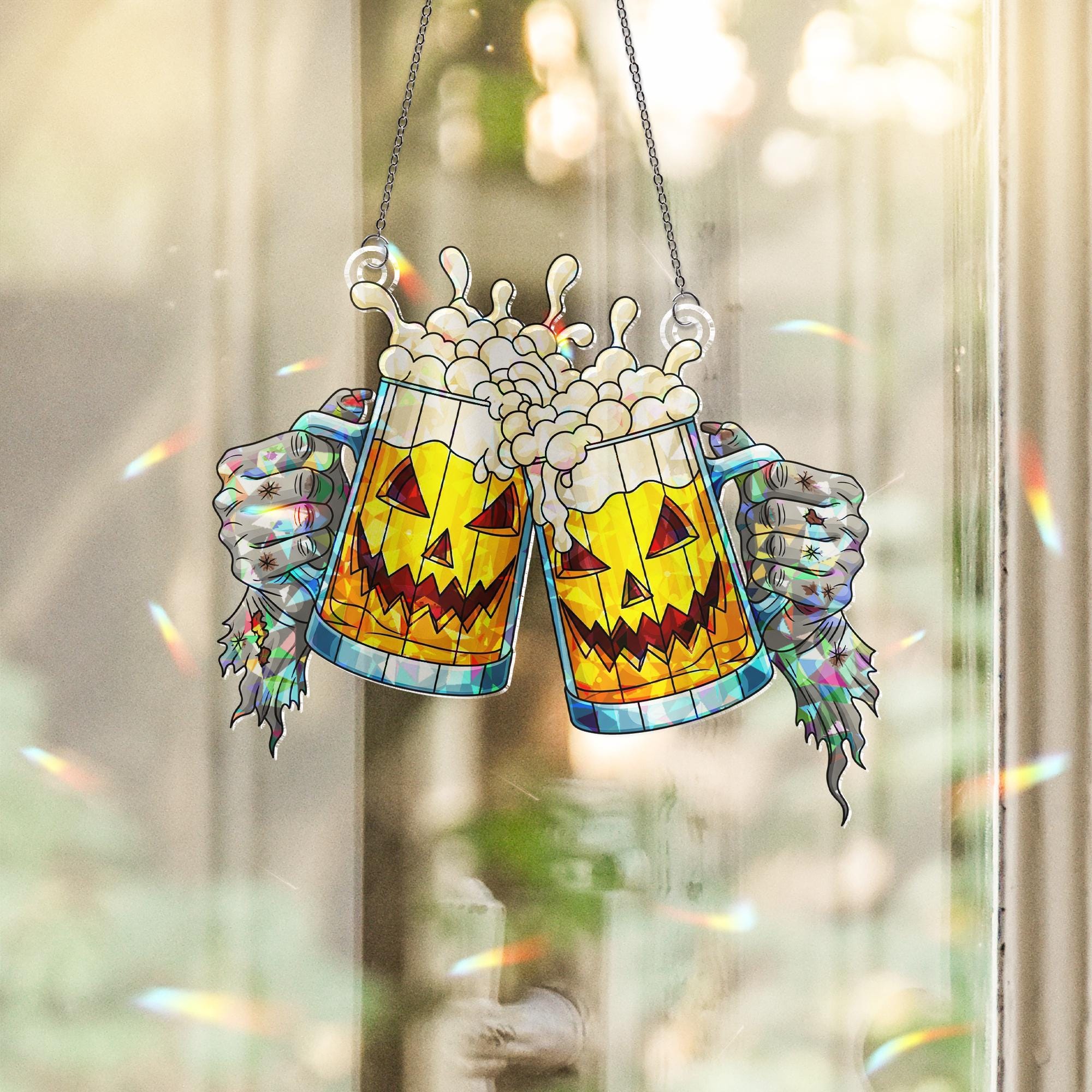 Halloween Stained Glass Beer Mug Suncatcher, Zombie Hands Cheers Sign, Pumpkin Jack O Lantern Bar Decor, Gothic Window Hanging