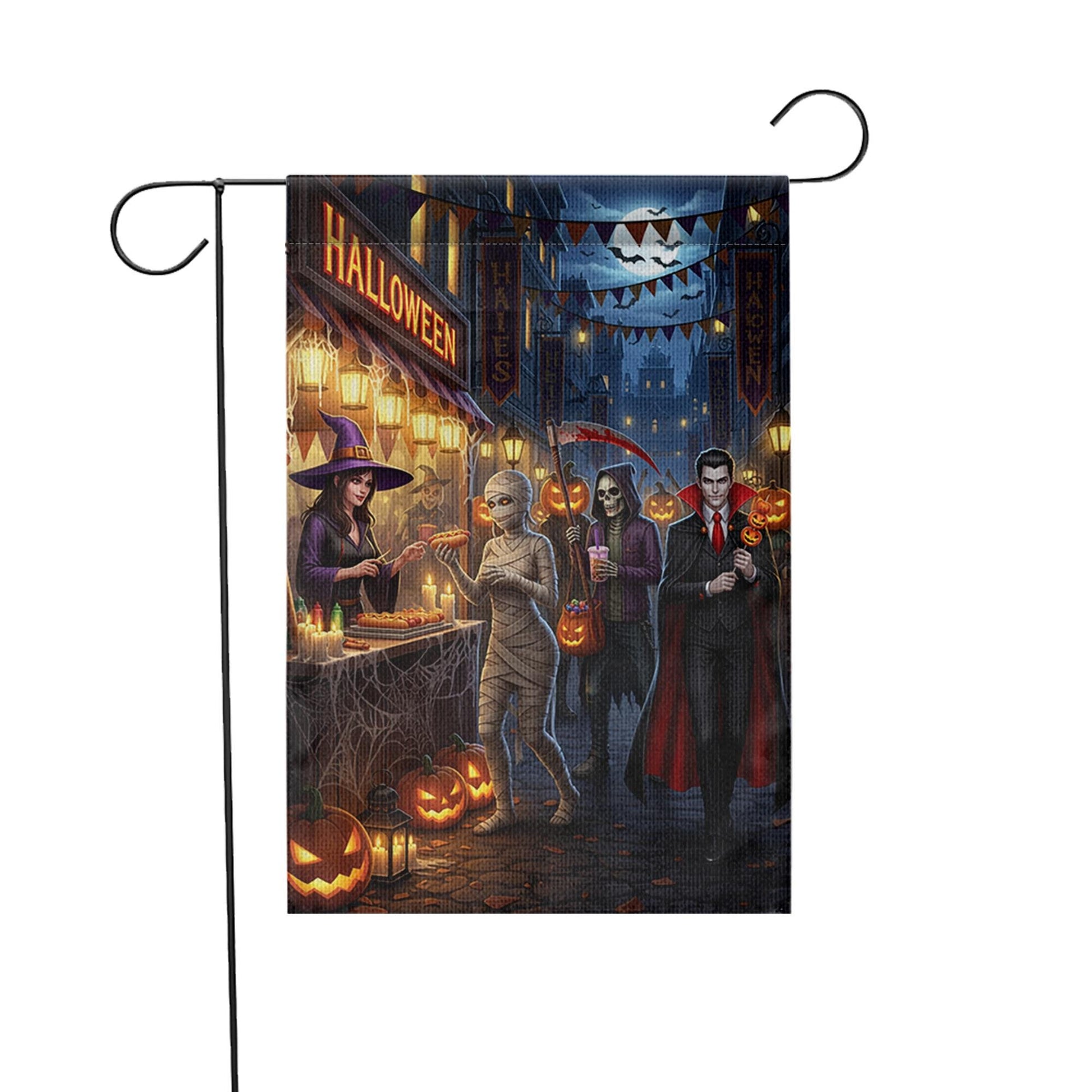 Halloween Streetfood Garden Flag, Spooky Market Yard Decor with Witch Mummy Vampire Grim Reaper, Fall Outdoor Trick or Treat Decoration