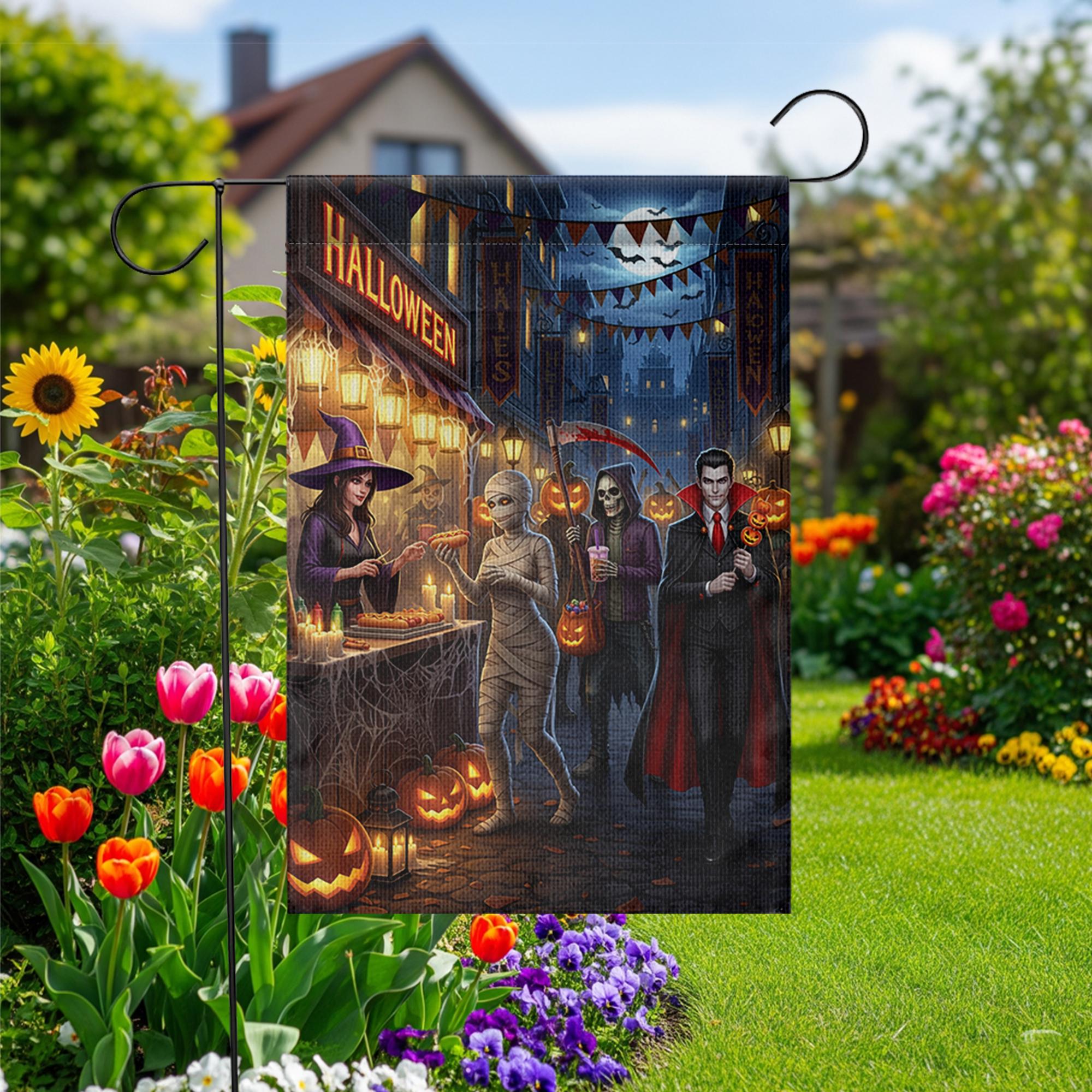Halloween Streetfood Garden Flag, Spooky Market Yard Decor with Witch Mummy Vampire Grim Reaper, Fall Outdoor Trick or Treat Decoration