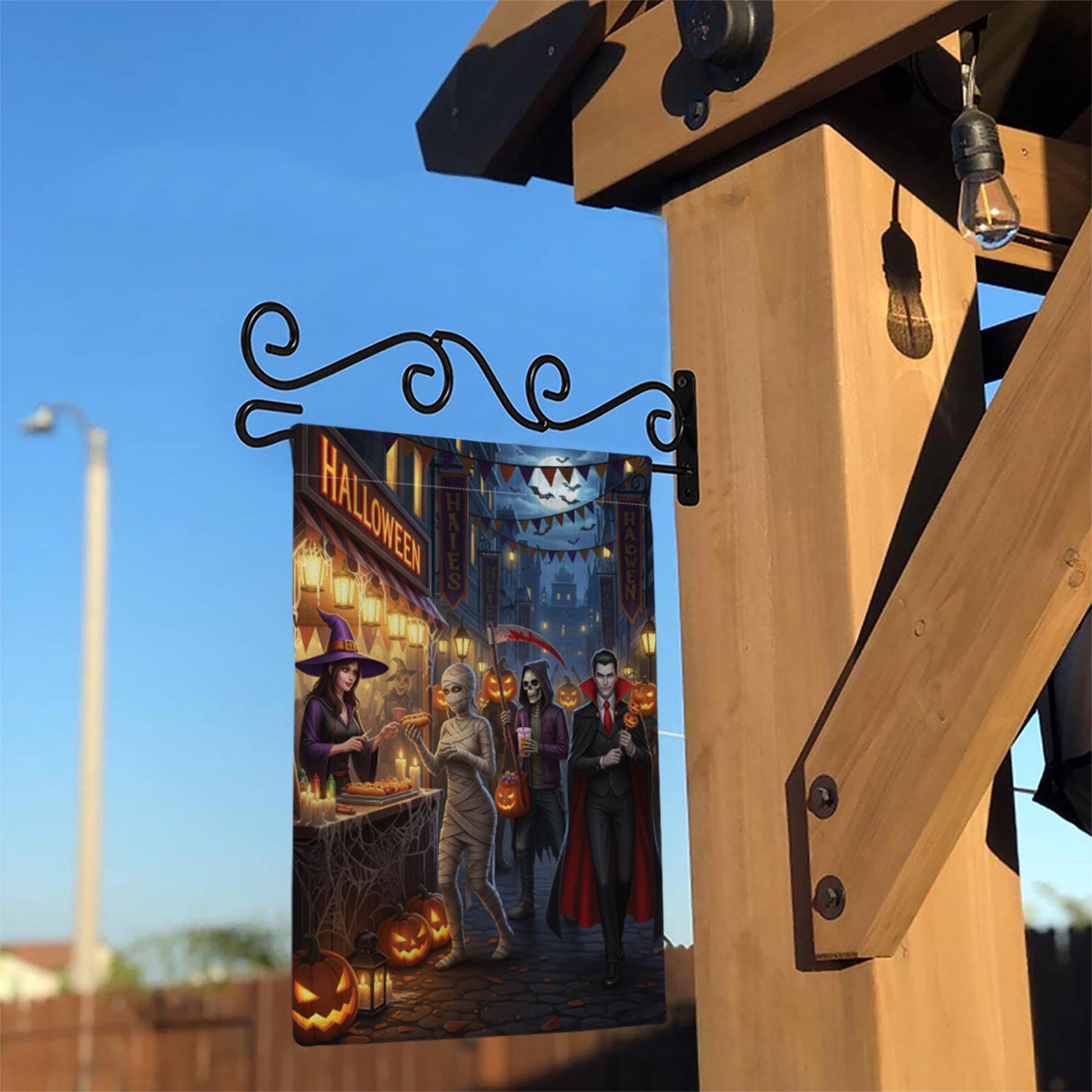 Halloween Streetfood Garden Flag, Spooky Market Yard Decor with Witch Mummy Vampire Grim Reaper, Fall Outdoor Trick or Treat Decoration