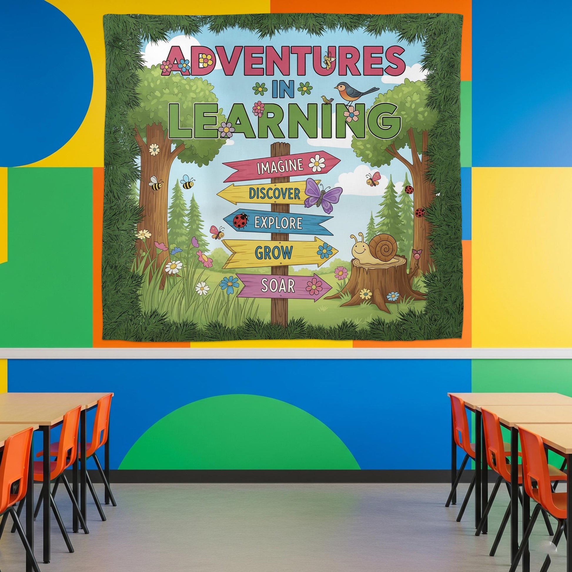 Adventures in Learning Classroom Banner - Woodland Theme Motivational Sign, Nature Wall Art for Preschool & Elementary Decor, Back To School