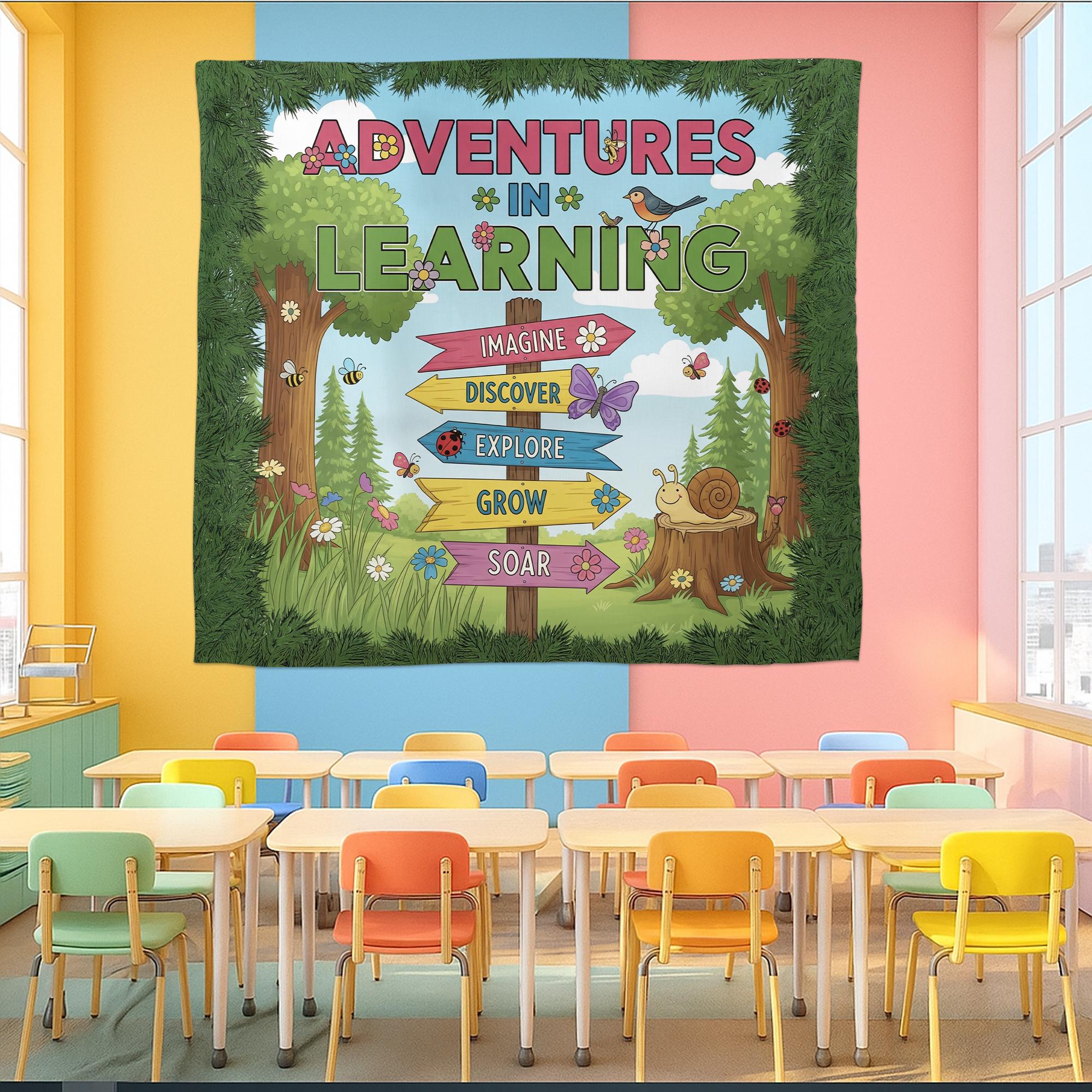 Adventures in Learning Classroom Banner - Woodland Theme Motivational Sign, Nature Wall Art for Preschool & Elementary Decor, Back To School