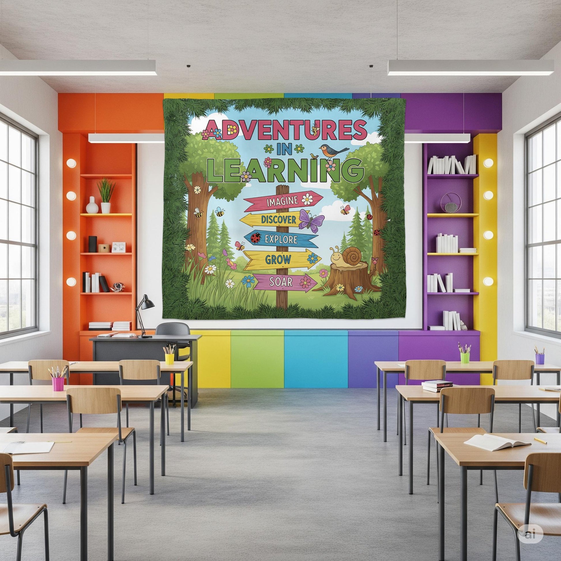 Adventures in Learning Classroom Banner - Woodland Theme Motivational Sign, Nature Wall Art for Preschool & Elementary Decor, Back To School