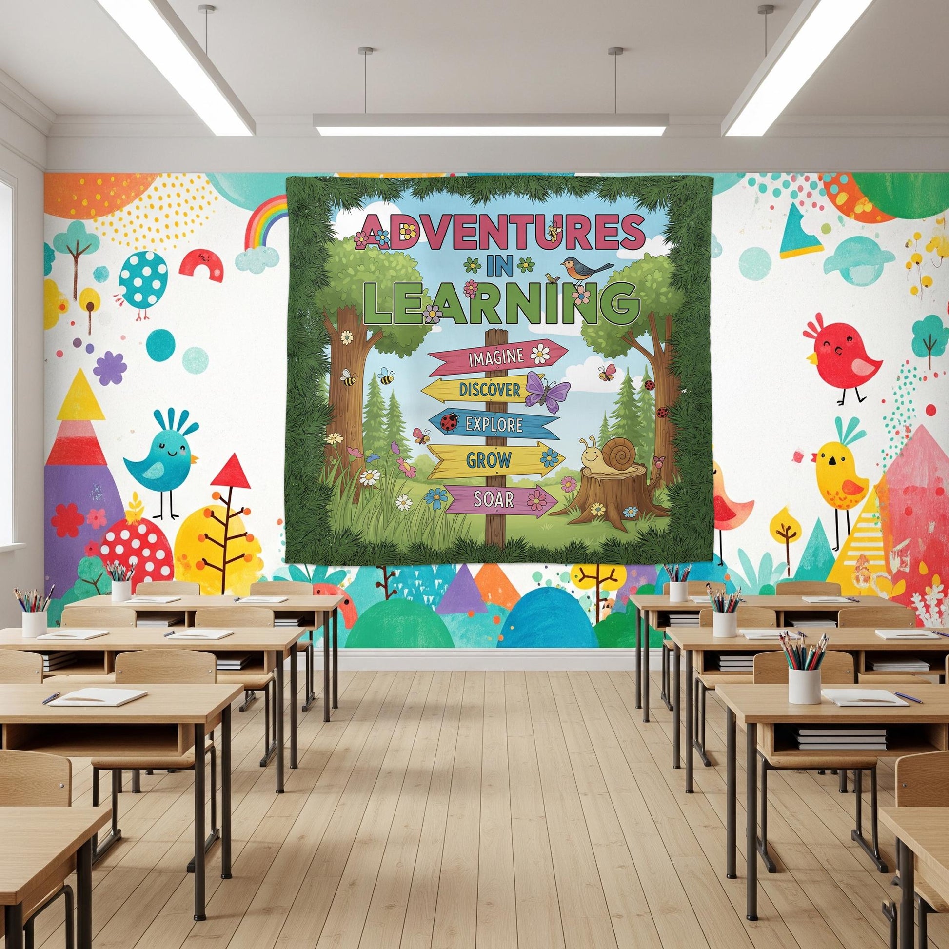 Adventures in Learning Classroom Banner - Woodland Theme Motivational Sign, Nature Wall Art for Preschool & Elementary Decor, Back To School