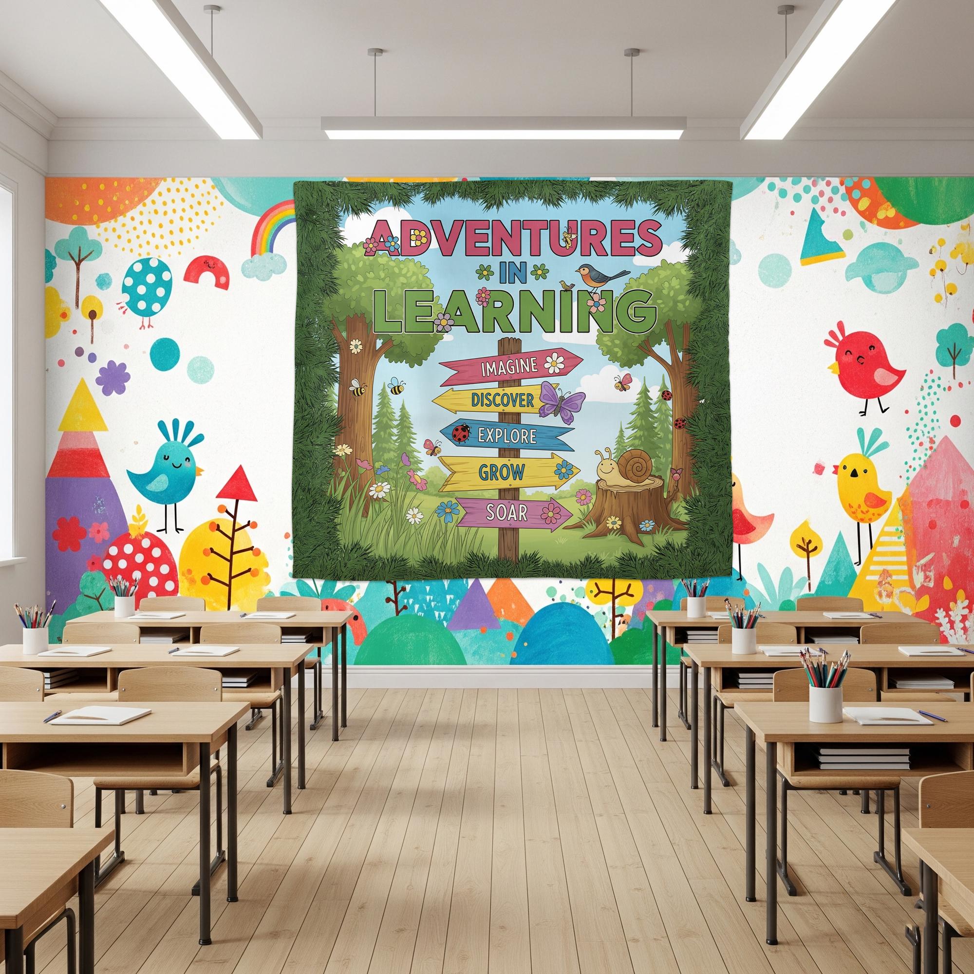 Adventures in Learning Classroom Banner - Woodland Theme Motivational Sign, Nature Wall Art for Preschool & Elementary Decor, Back To School