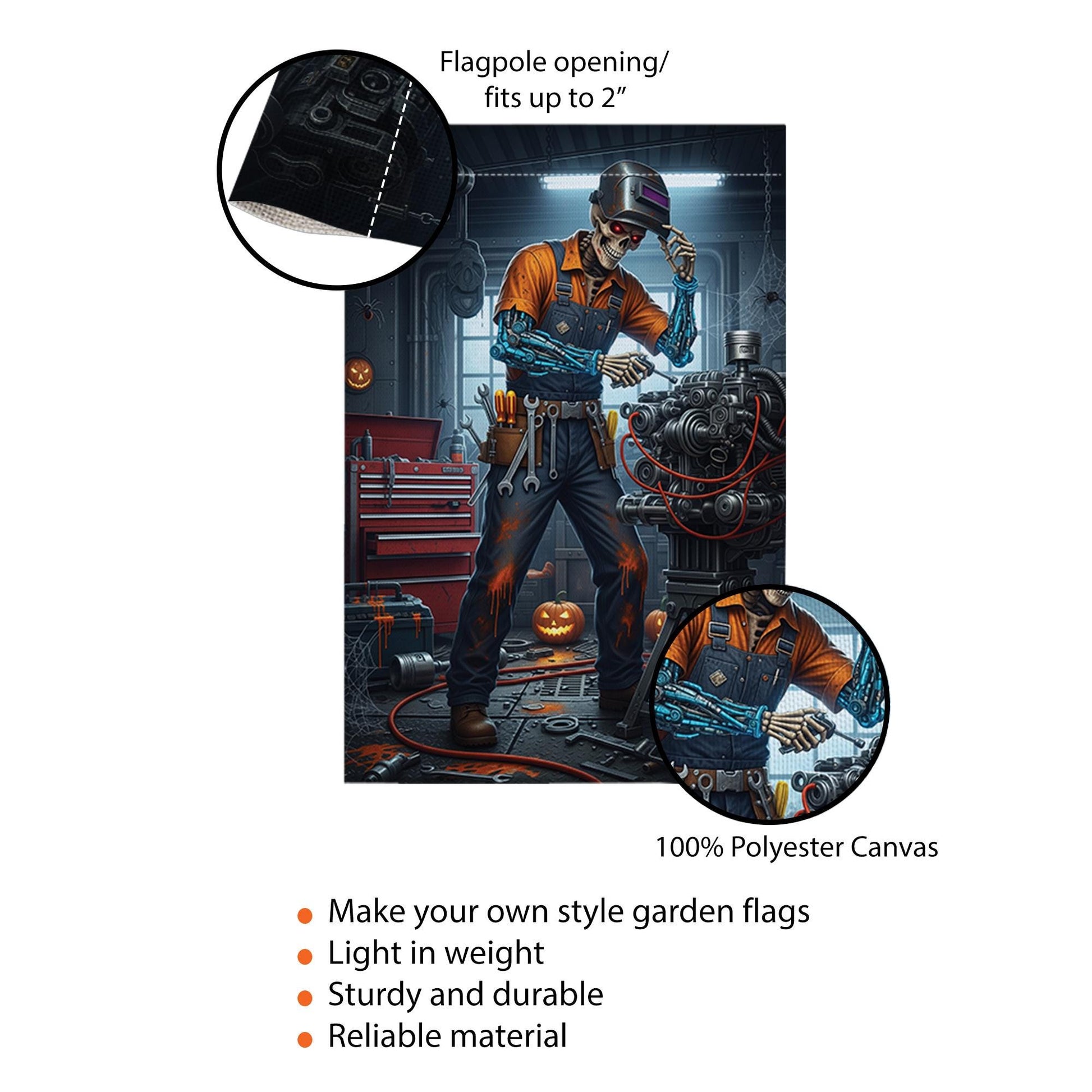 Halloween Mechanic Garden Flag, Spooky Skeleton Robot Yard Decor, Funny Auto Repair Garage Outdoor Fall Decoration with Pumpkin