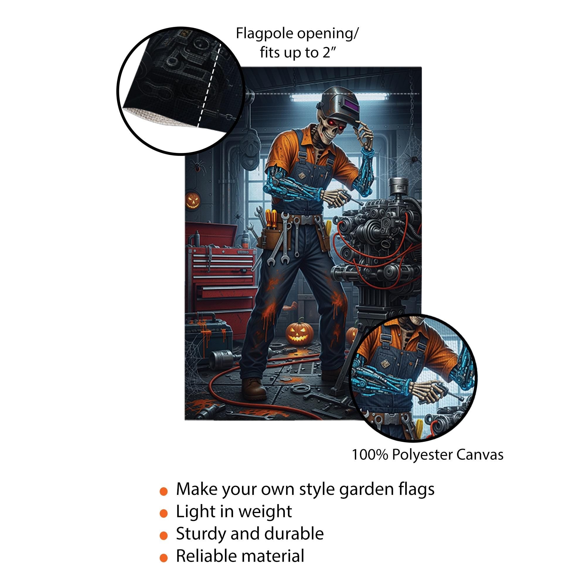 Halloween Mechanic Garden Flag, Spooky Skeleton Robot Yard Decor, Funny Auto Repair Garage Outdoor Fall Decoration with Pumpkin