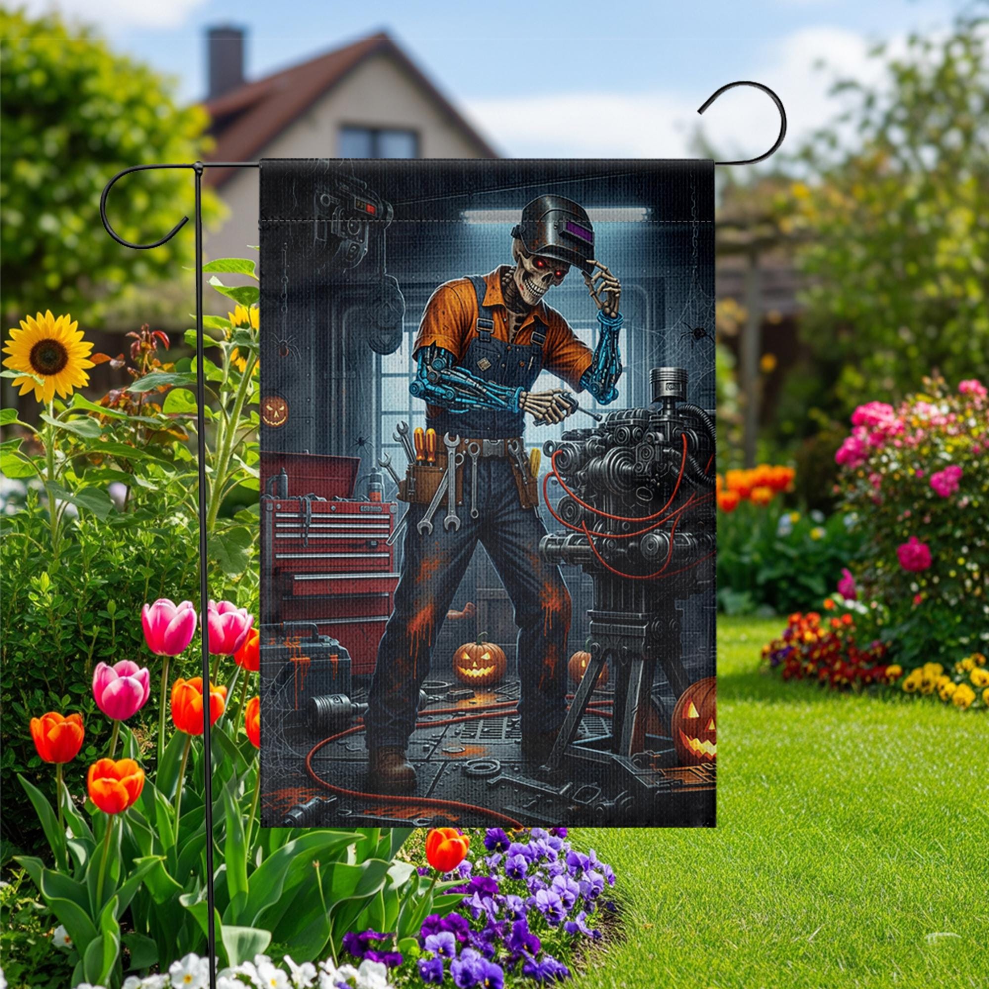 Halloween Mechanic Garden Flag, Spooky Skeleton Robot Yard Decor, Funny Auto Repair Garage Outdoor Fall Decoration with Pumpkin
