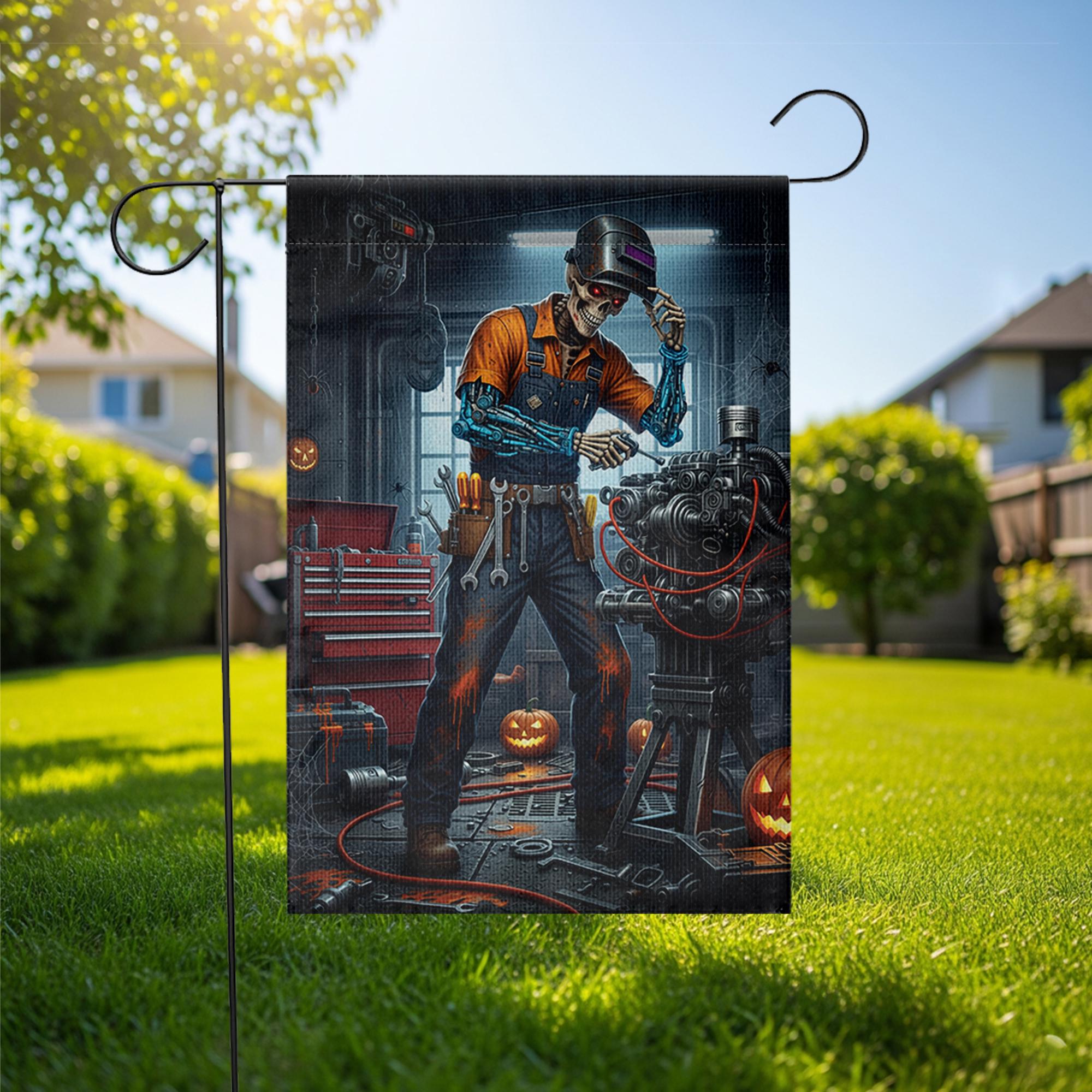 Halloween Mechanic Garden Flag, Spooky Skeleton Robot Yard Decor, Funny Auto Repair Garage Outdoor Fall Decoration with Pumpkin