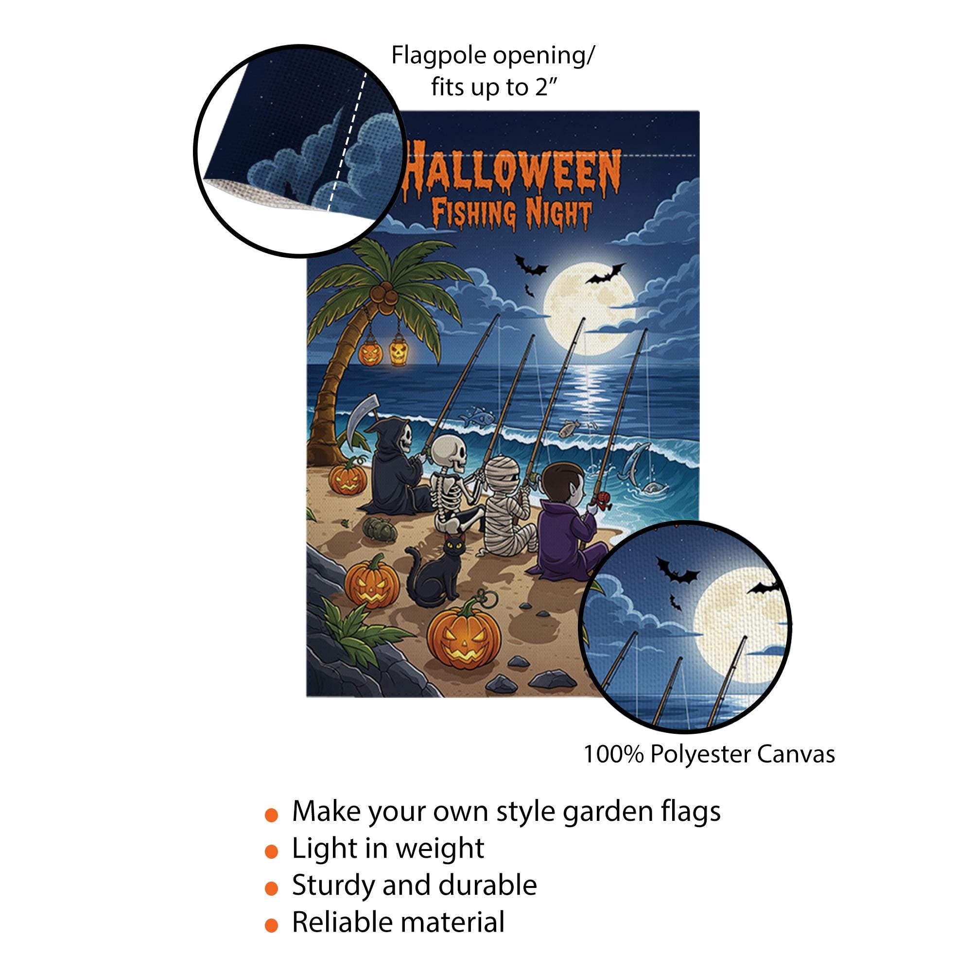 Halloween Fishing Night Garden Flag, Funny Spooky Beach Yard Decor with Skeleton Vampire Grim Reaper Mummy, Fall Outdoor Decoration