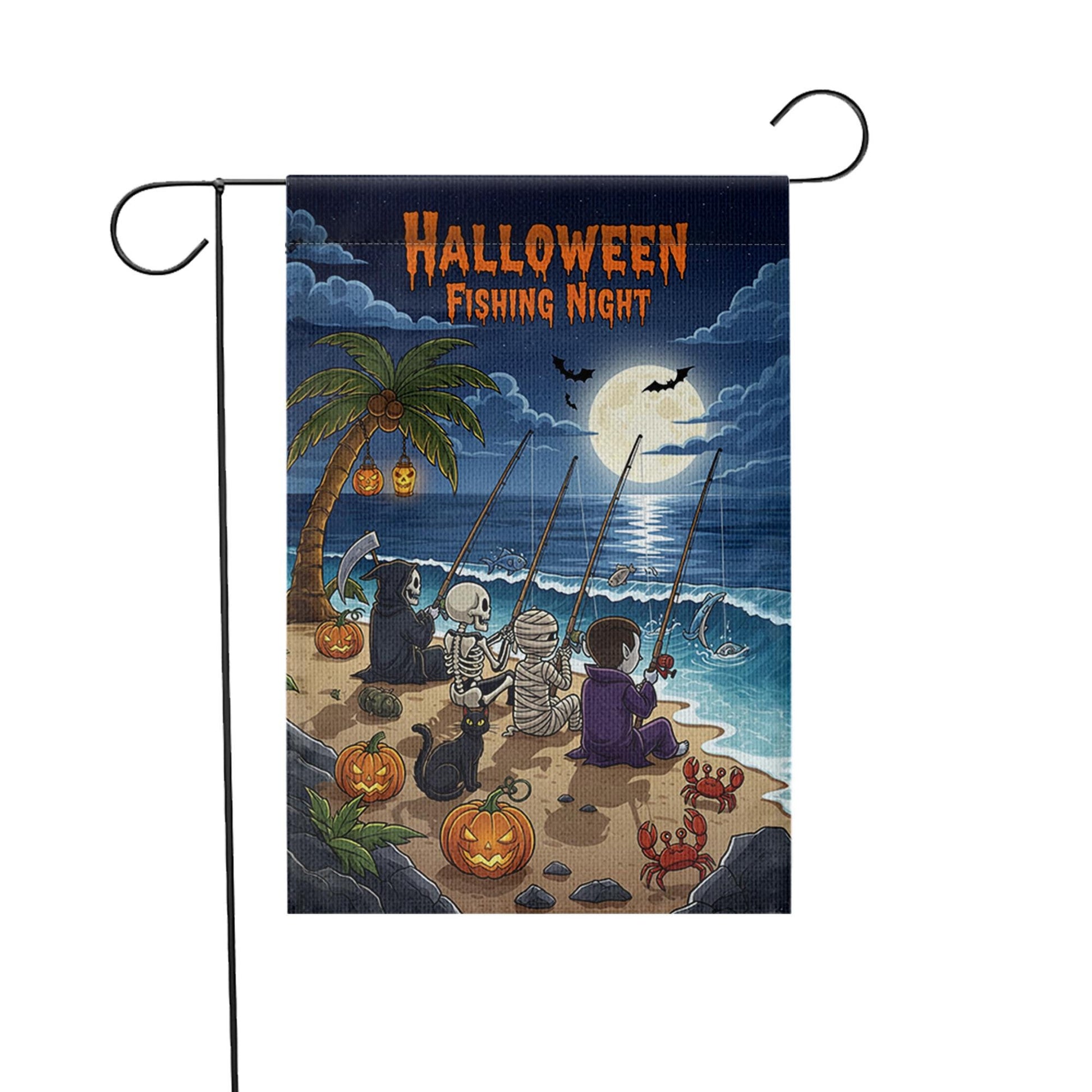 Halloween Fishing Night Garden Flag, Funny Spooky Beach Yard Decor with Skeleton Vampire Grim Reaper Mummy, Fall Outdoor Decoration