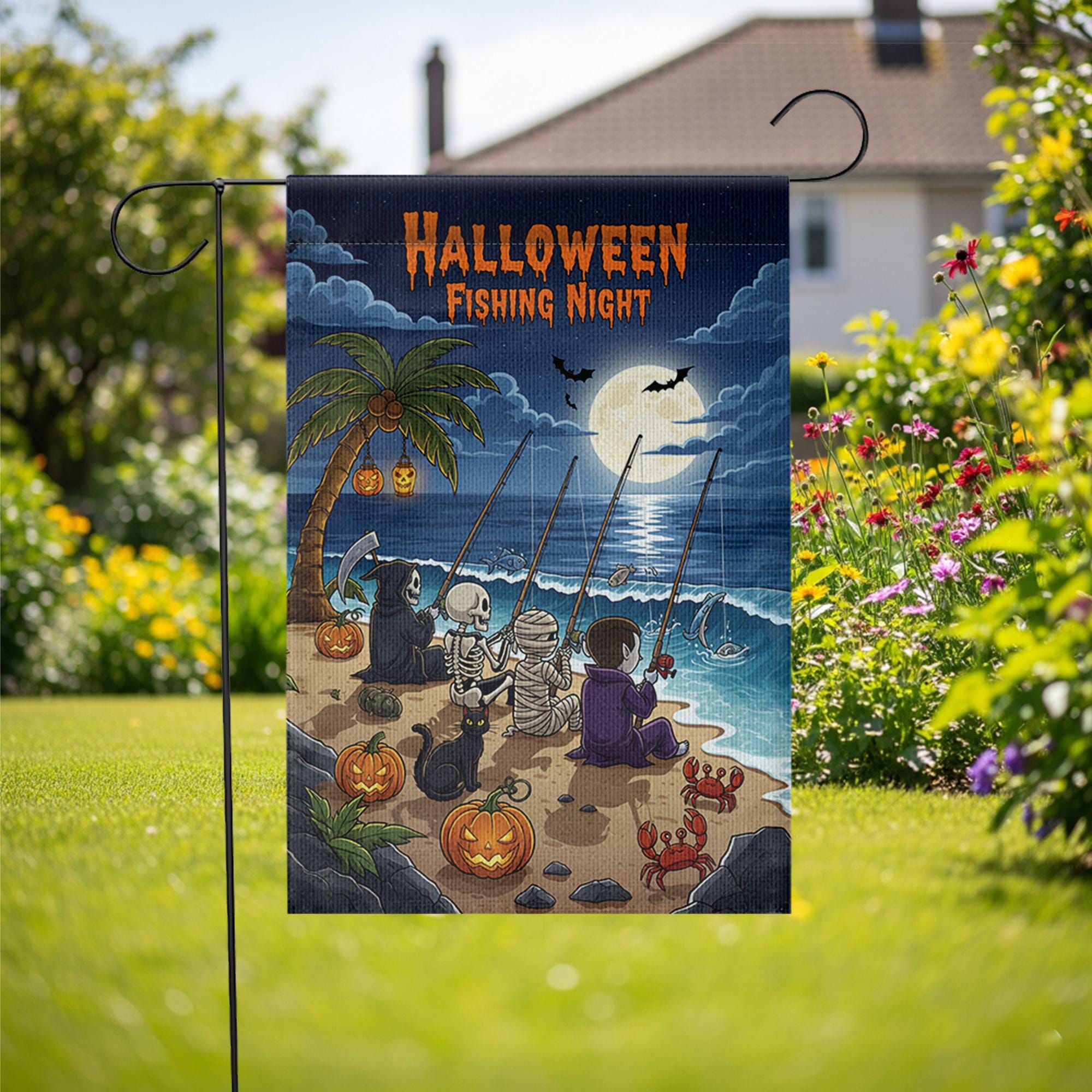 Halloween Fishing Night Garden Flag, Funny Spooky Beach Yard Decor with Skeleton Vampire Grim Reaper Mummy, Fall Outdoor Decoration