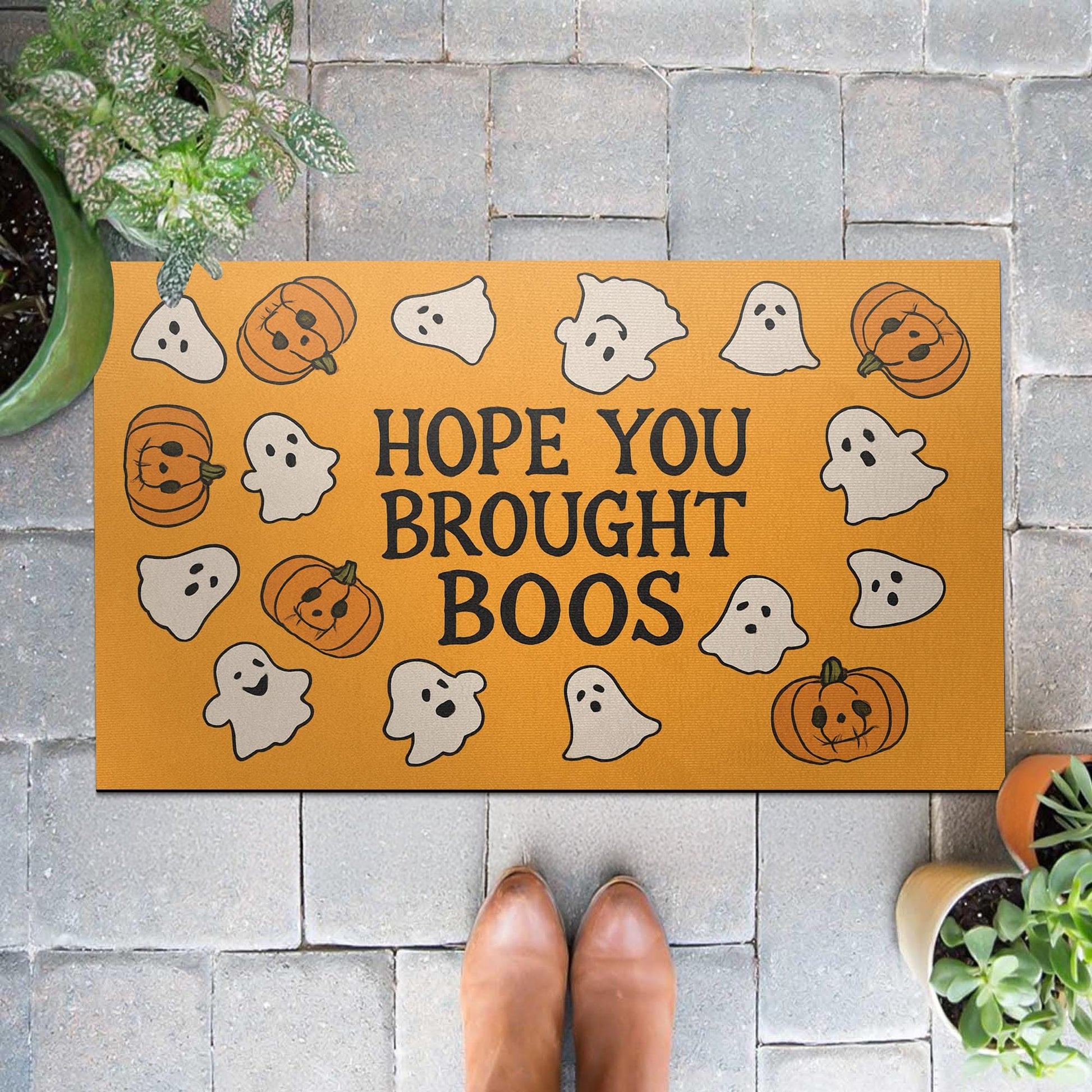 Funny Halloween Doormat – “Hope You Brought Boos” Ghost & Pumpkin Rug – Spooky Cute Porch Decor – Fall Welcome Mat for Guests