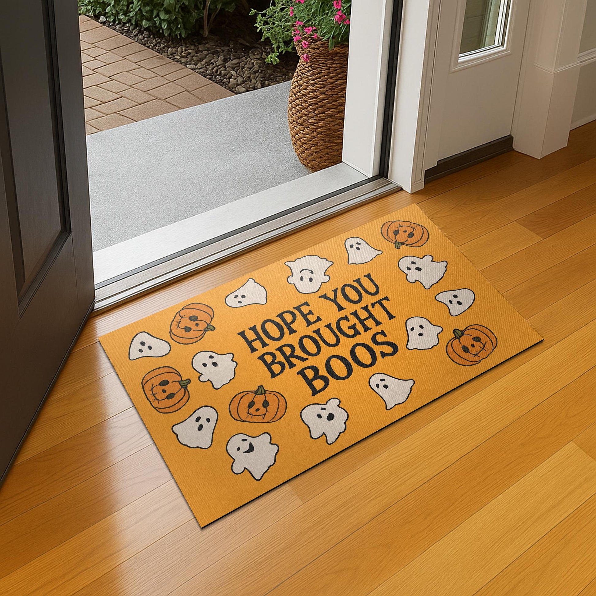 Funny Halloween Doormat – “Hope You Brought Boos” Ghost & Pumpkin Rug – Spooky Cute Porch Decor – Fall Welcome Mat for Guests