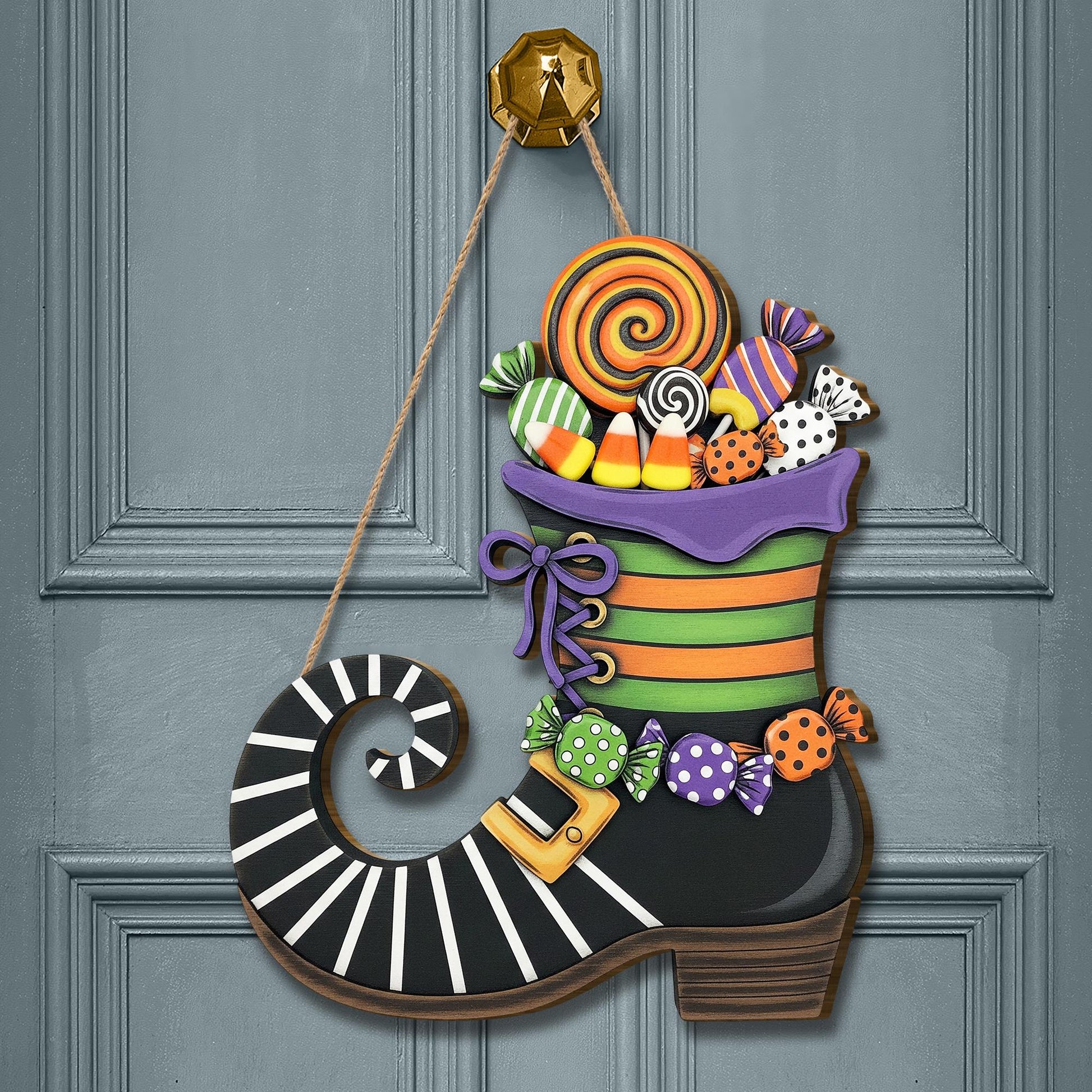 Halloween Witch Boot Door Hanger with Candy | Spooky Home Decor | Trick or Treat Sign | Fall Front Door Decoration
