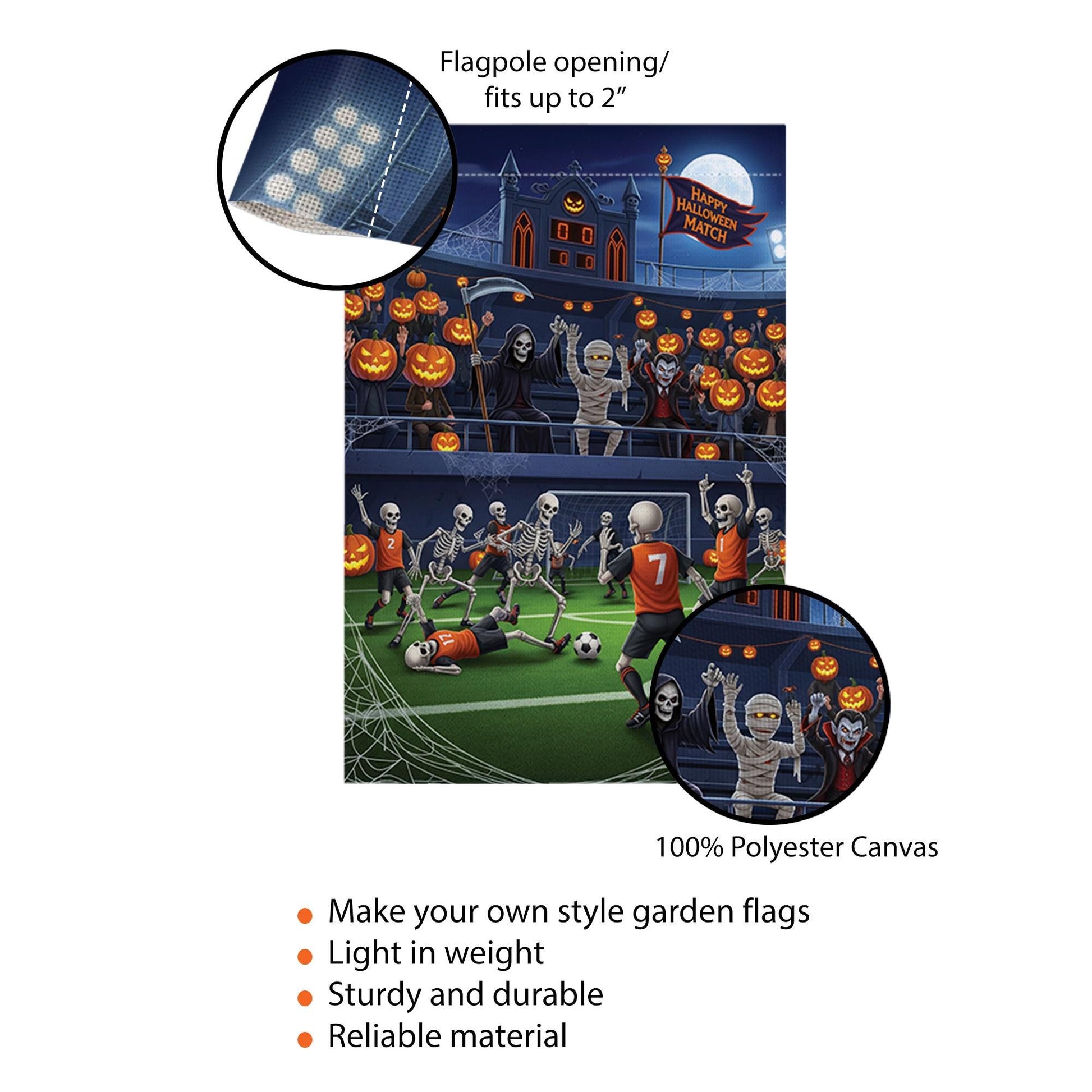 Halloween Soccer Match Garden Flag, Funny Skeleton Football Yard Decor, Spooky Fall Outdoor Decoration with Grim Reaper Vampire Mummy Fans